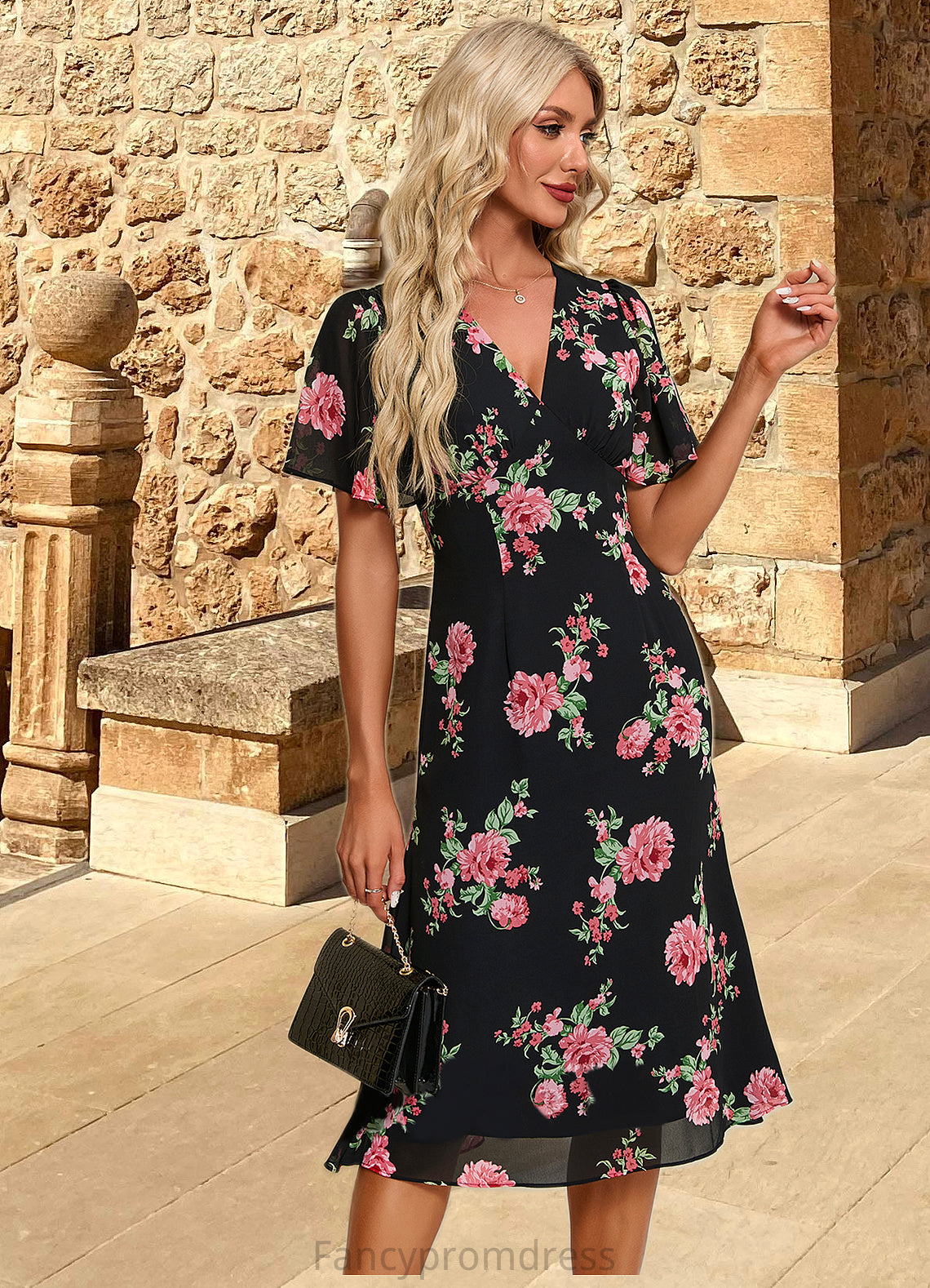 Amiyah Floral Print V-Neck Elegant A-line Chiffon Midi Dresses DRP0022424