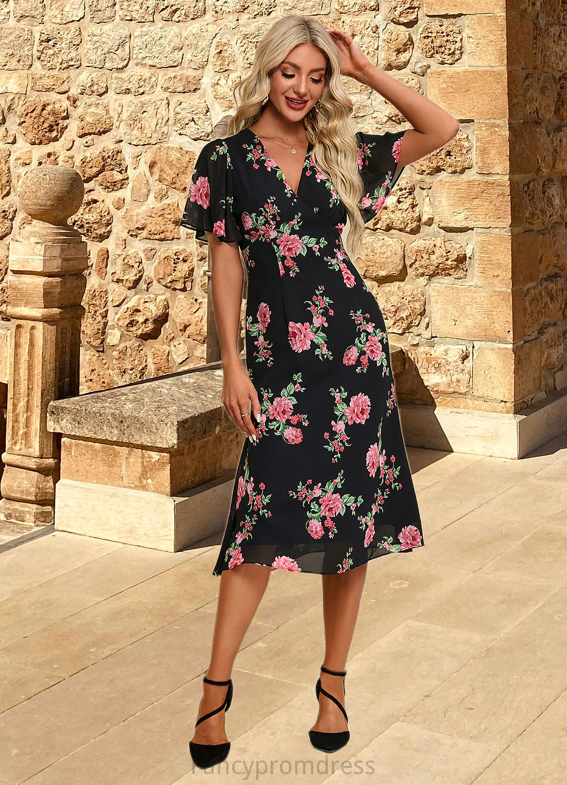 Amiyah Floral Print V-Neck Elegant A-line Chiffon Midi Dresses DRP0022424