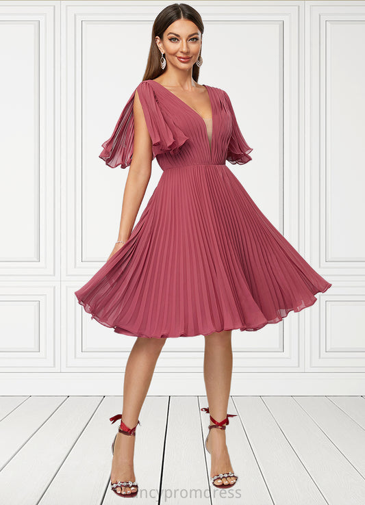 Cali A-line V-Neck Knee-Length Chiffon Cocktail Dress With Pleated DRP0022429