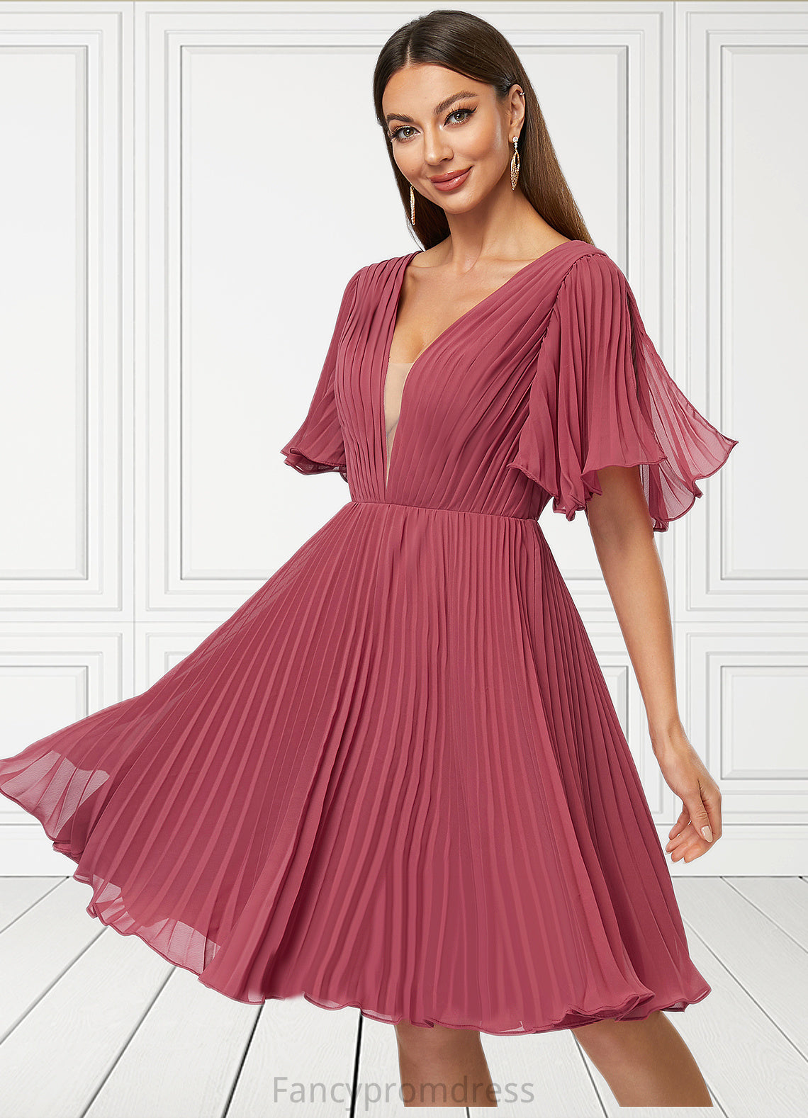 Cali A-line V-Neck Knee-Length Chiffon Cocktail Dress With Pleated DRP0022429