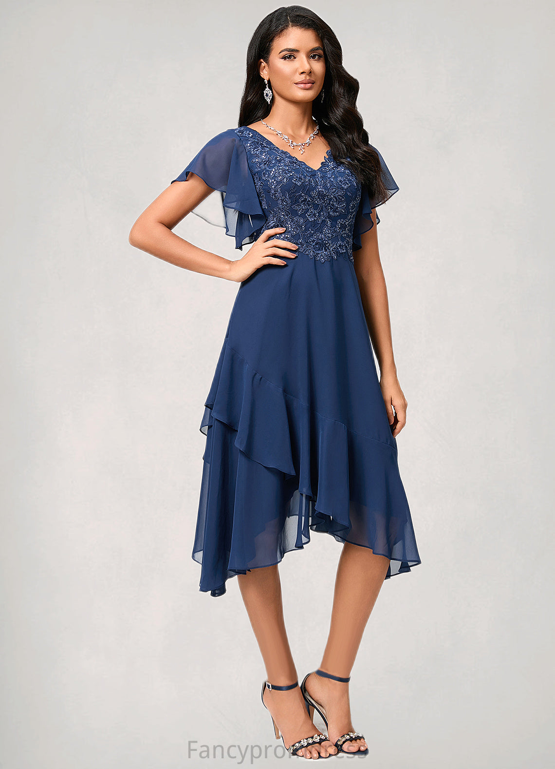 Shaylee A-line V-Neck Tea-Length Chiffon Lace Cocktail Dress With Cascading Ruffles DRP0022430