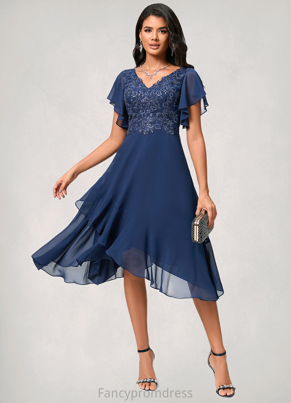 Shaylee A-line V-Neck Tea-Length Chiffon Lace Cocktail Dress With Cascading Ruffles DRP0022430