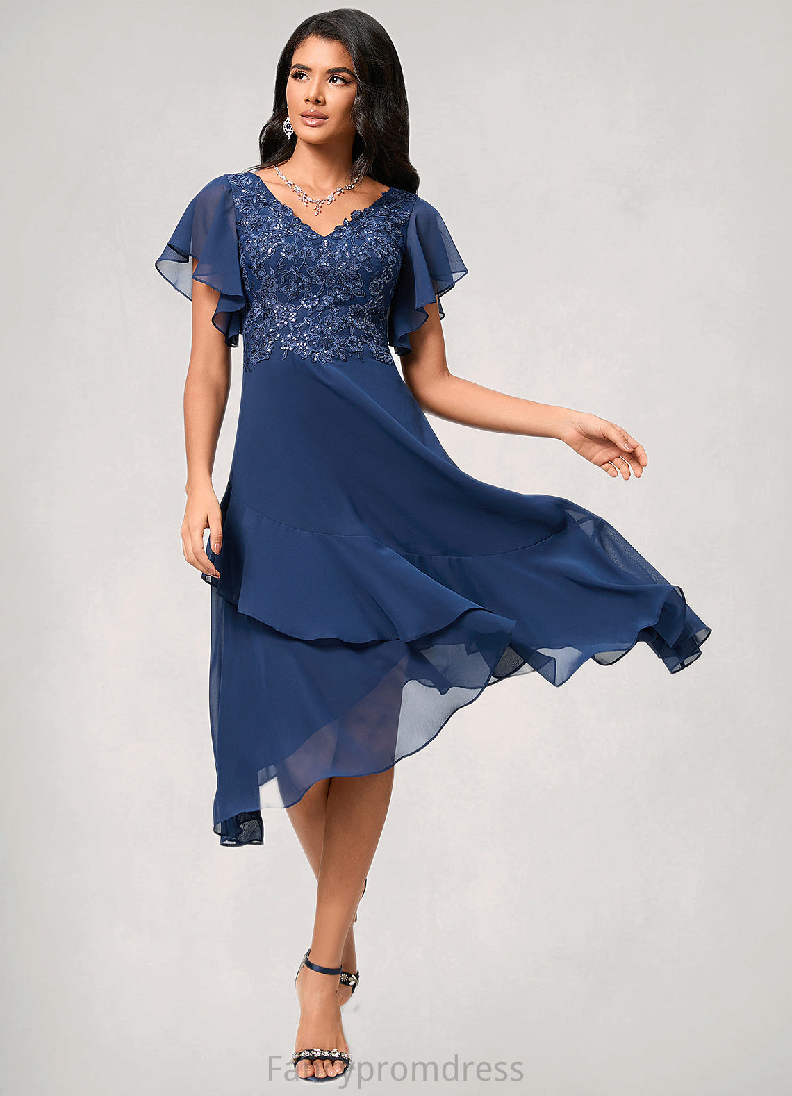 Shaylee A-line V-Neck Tea-Length Chiffon Lace Cocktail Dress With Cascading Ruffles DRP0022430