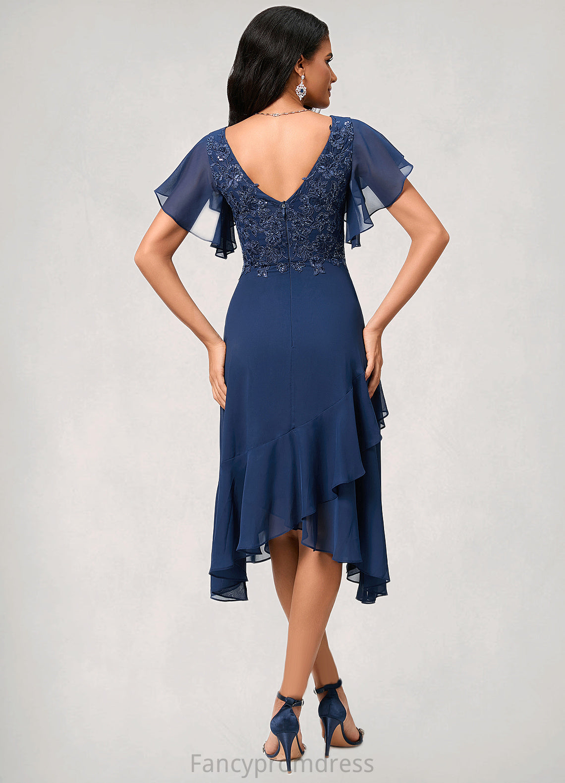 Shaylee A-line V-Neck Tea-Length Chiffon Lace Cocktail Dress With Cascading Ruffles DRP0022430