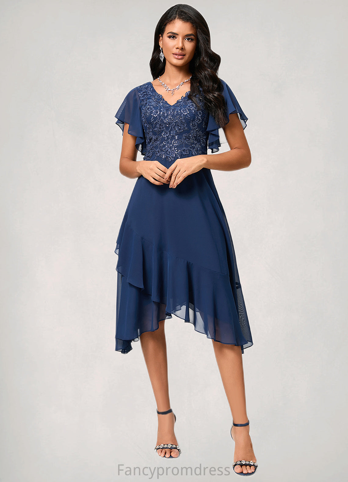 Shaylee A-line V-Neck Tea-Length Chiffon Lace Cocktail Dress With Cascading Ruffles DRP0022430