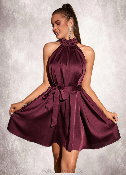 Linda Ruffle High Neck Elegant A-line Satin Mini Dresses DRP0022436