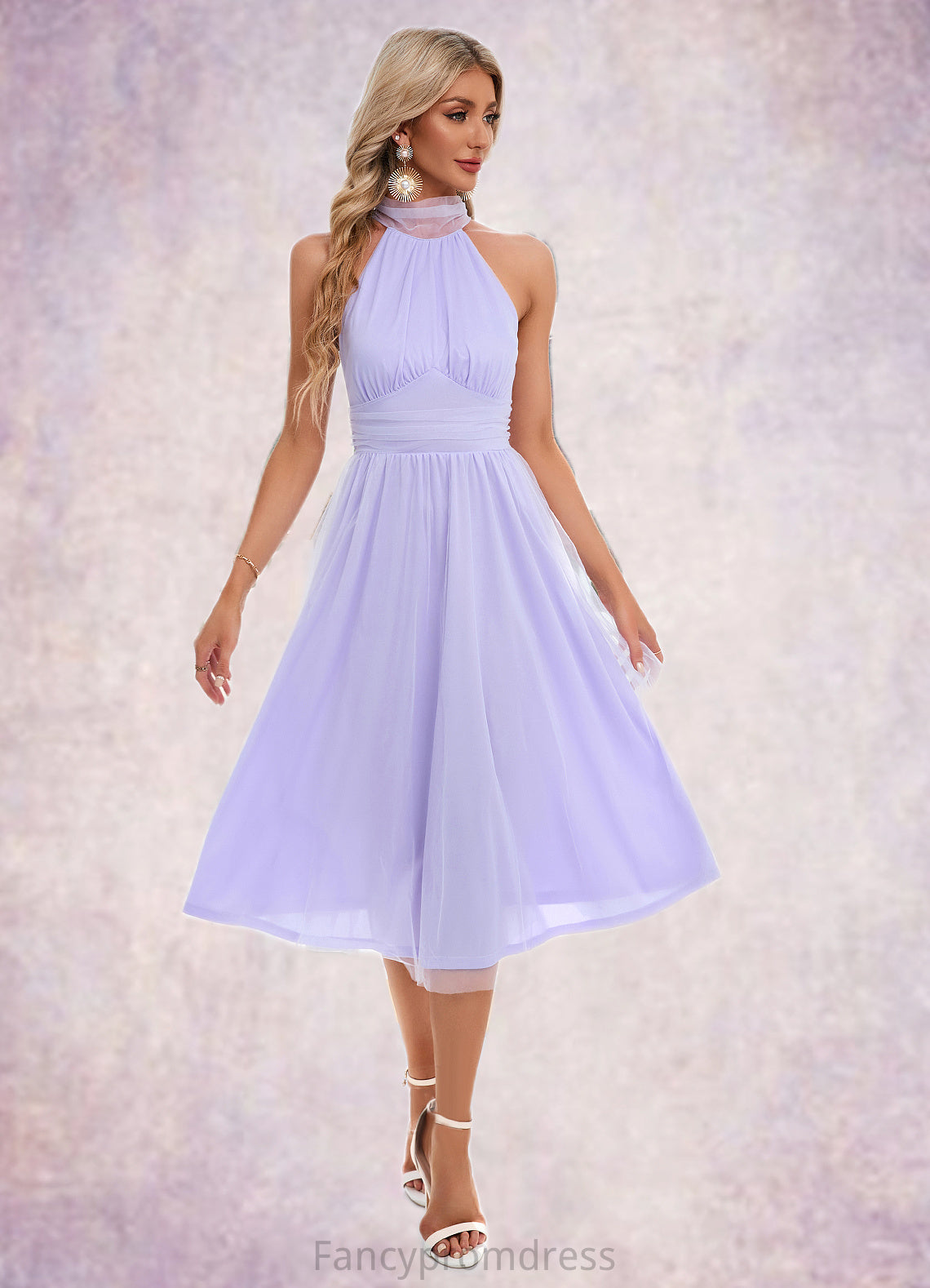 Adelaide Ruffle High Neck Sexy A-line Tulle Midi Dresses DRP0022441