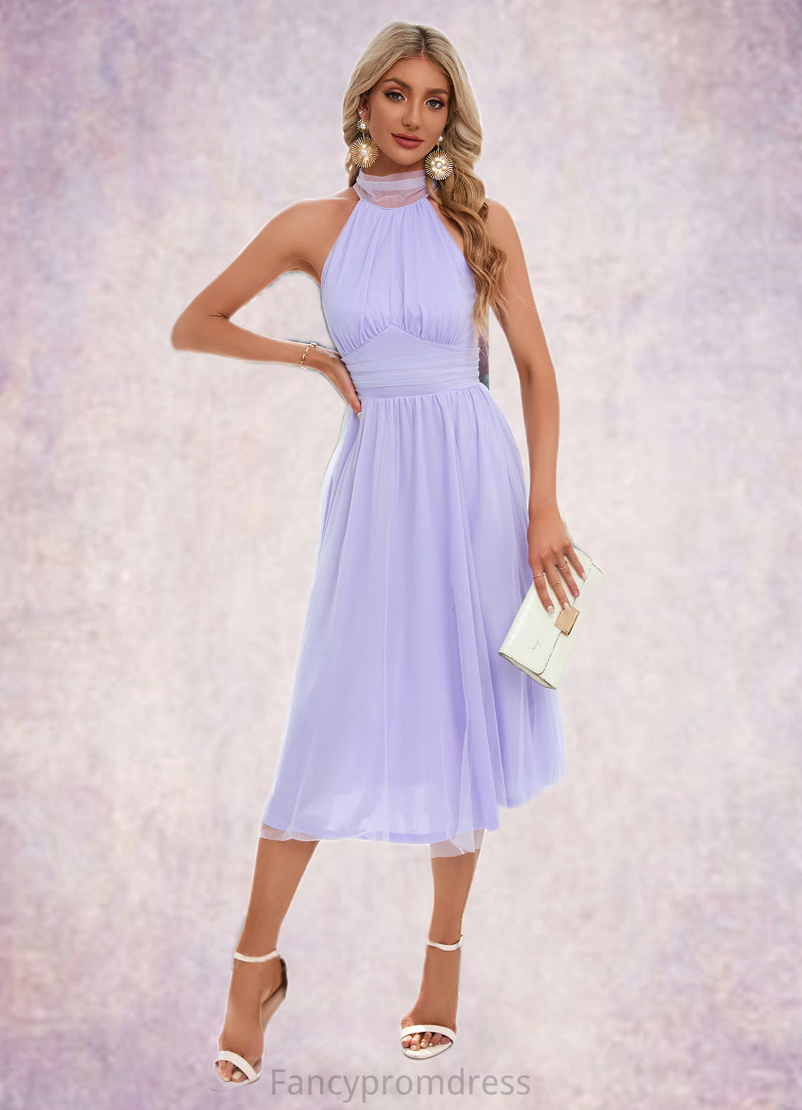 Adelaide Ruffle High Neck Sexy A-line Tulle Midi Dresses DRP0022441