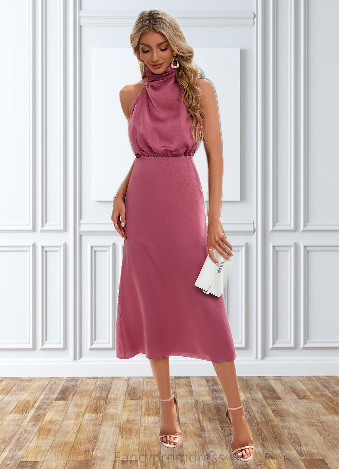 Jordin High Neck Elegant A-line Satin Midi Dresses DRP0022442