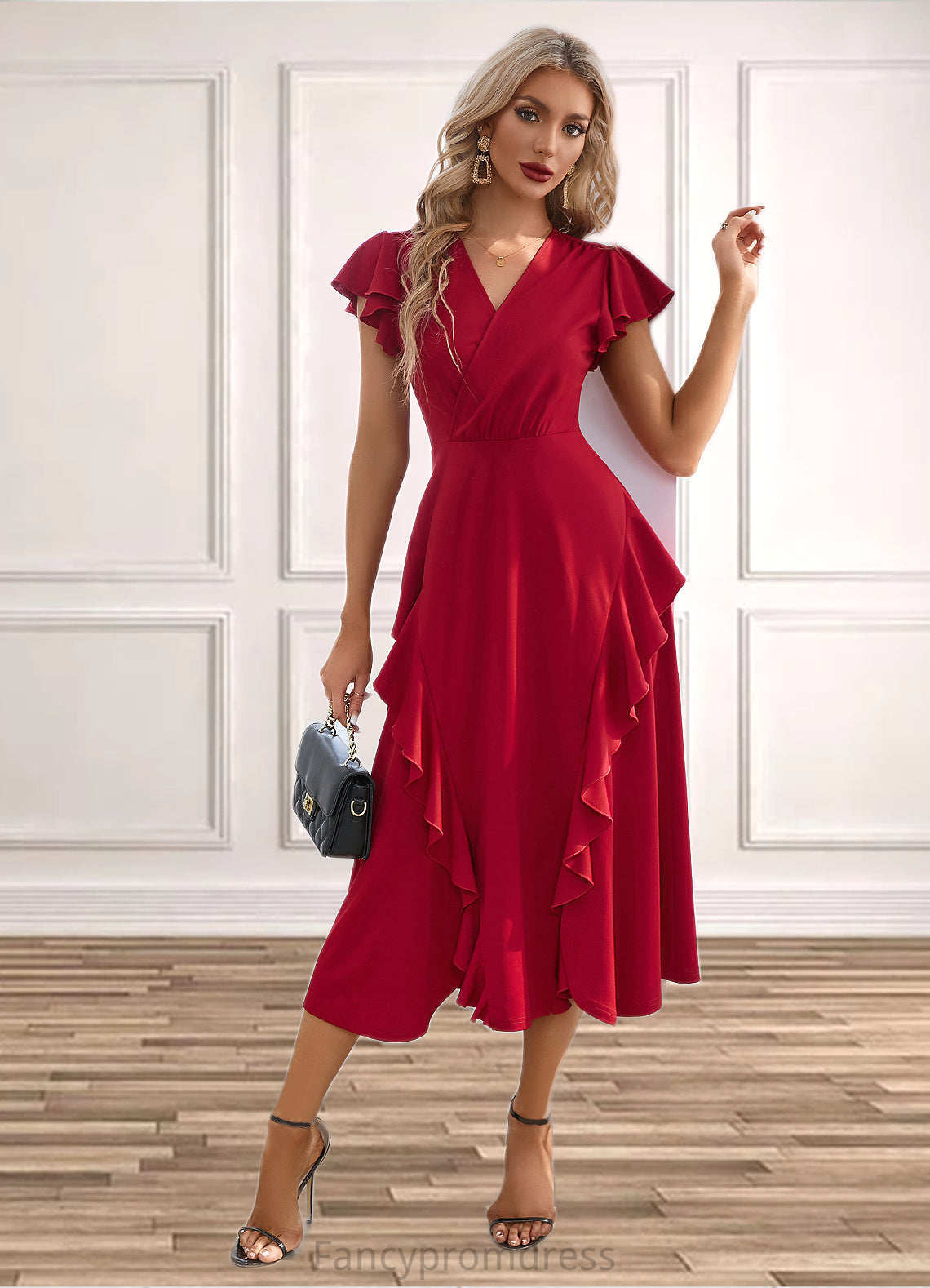 Abbie Cascading Ruffles V-Neck Elegant A-line Cotton Blends Midi Dresses DRP0022444