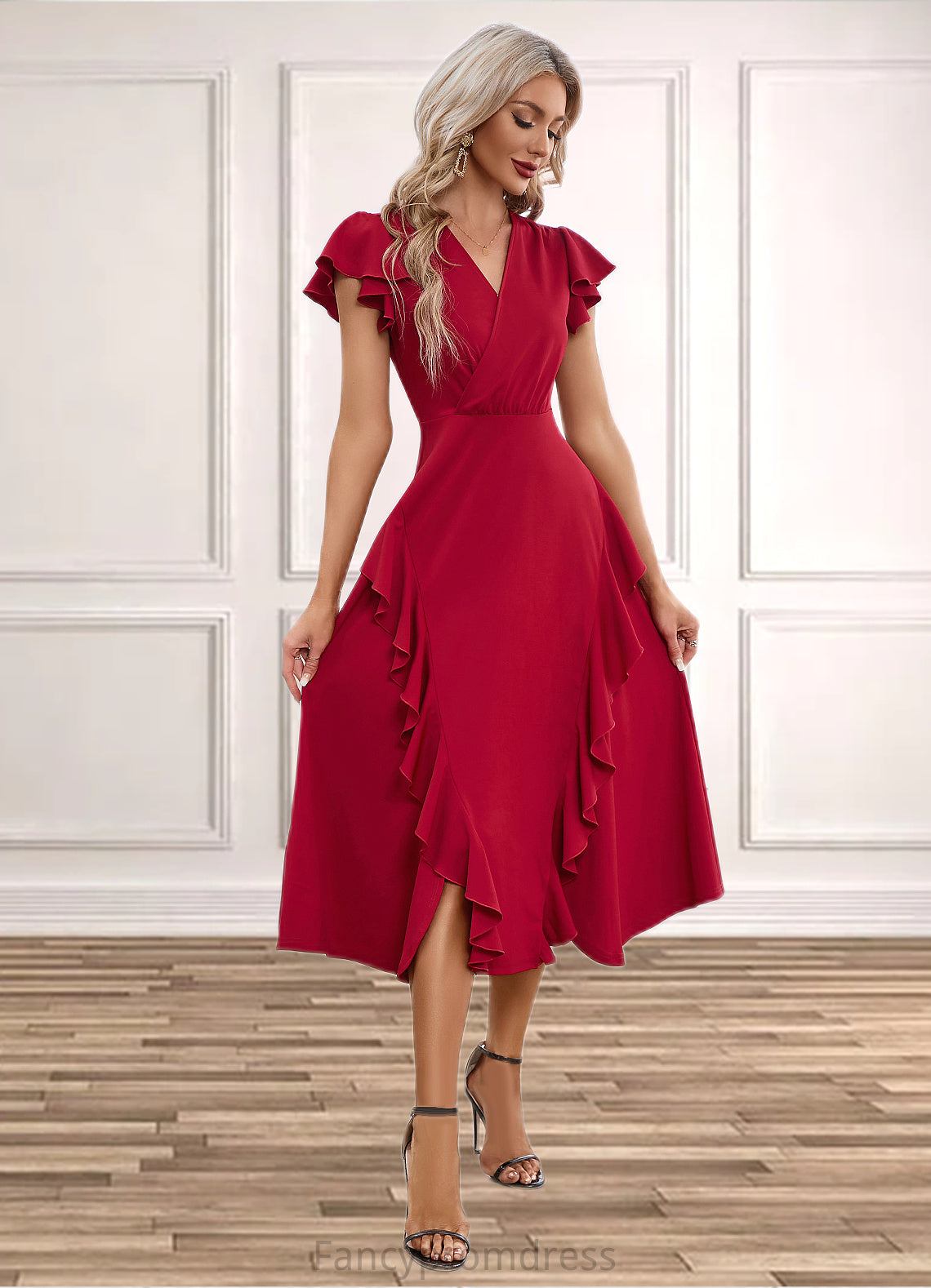 Abbie Cascading Ruffles V-Neck Elegant A-line Cotton Blends Midi Dresses DRP0022444