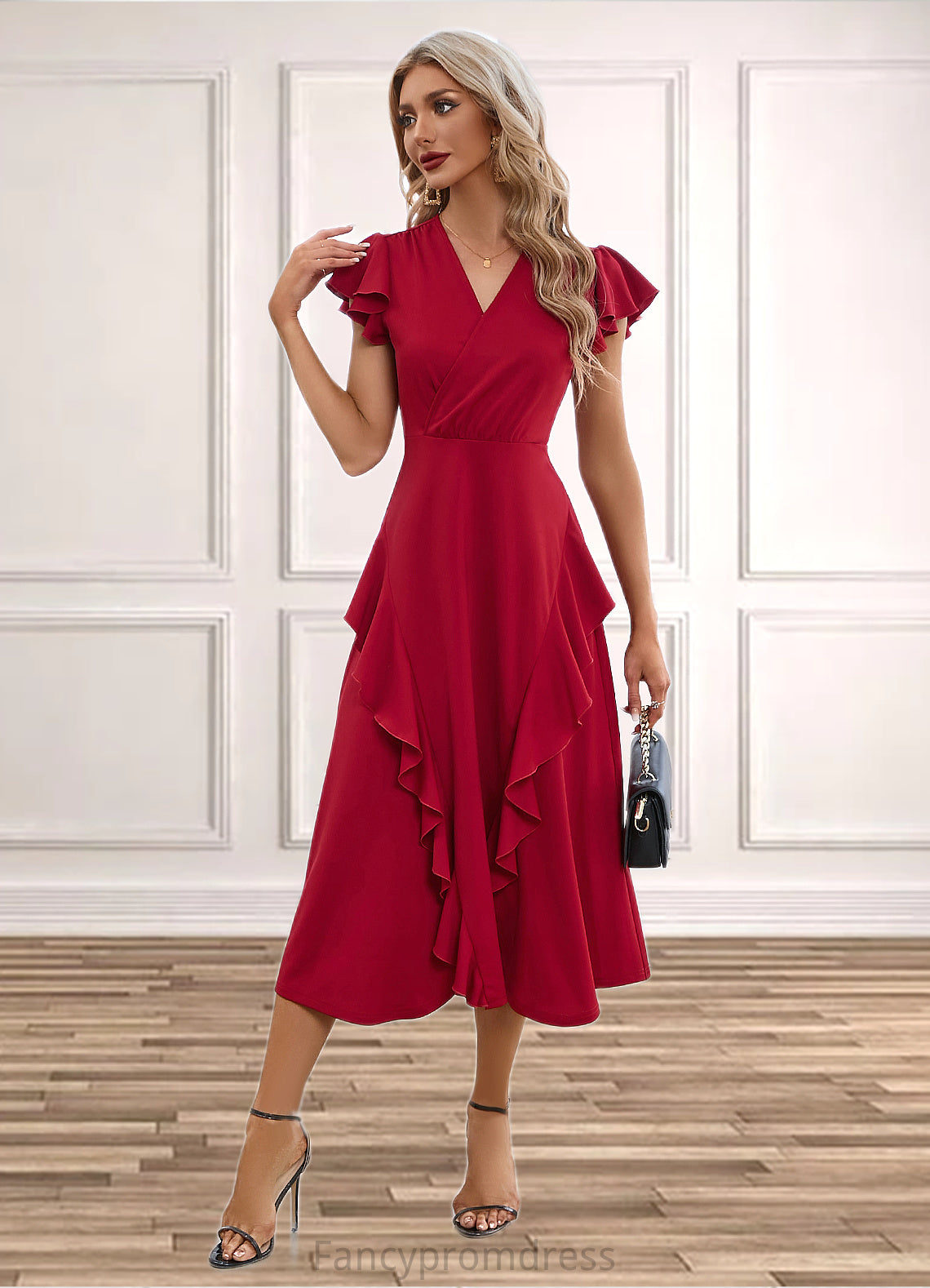 Abbie Cascading Ruffles V-Neck Elegant A-line Cotton Blends Midi Dresses DRP0022444