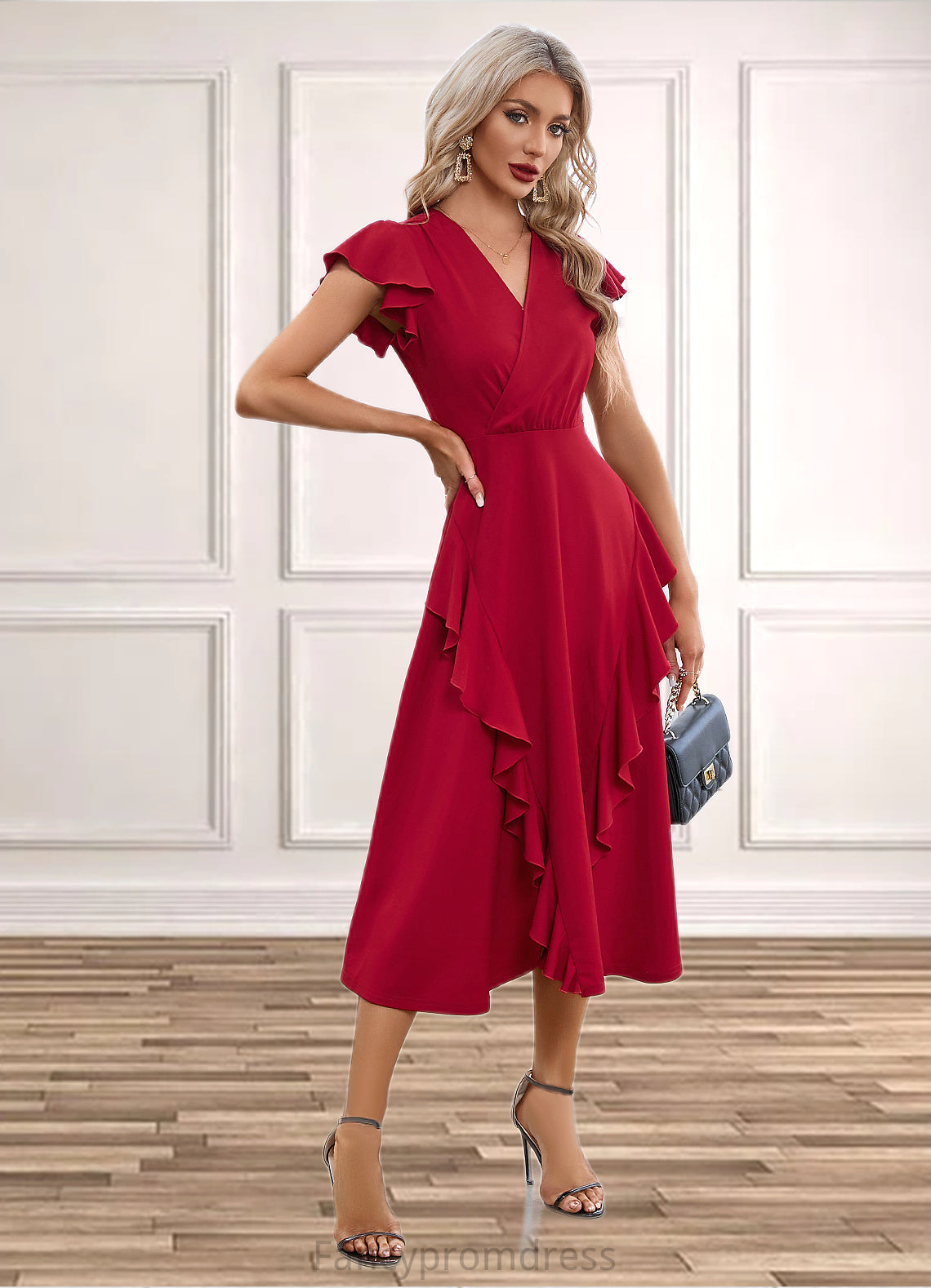 Abbie Cascading Ruffles V-Neck Elegant A-line Cotton Blends Midi Dresses DRP0022444