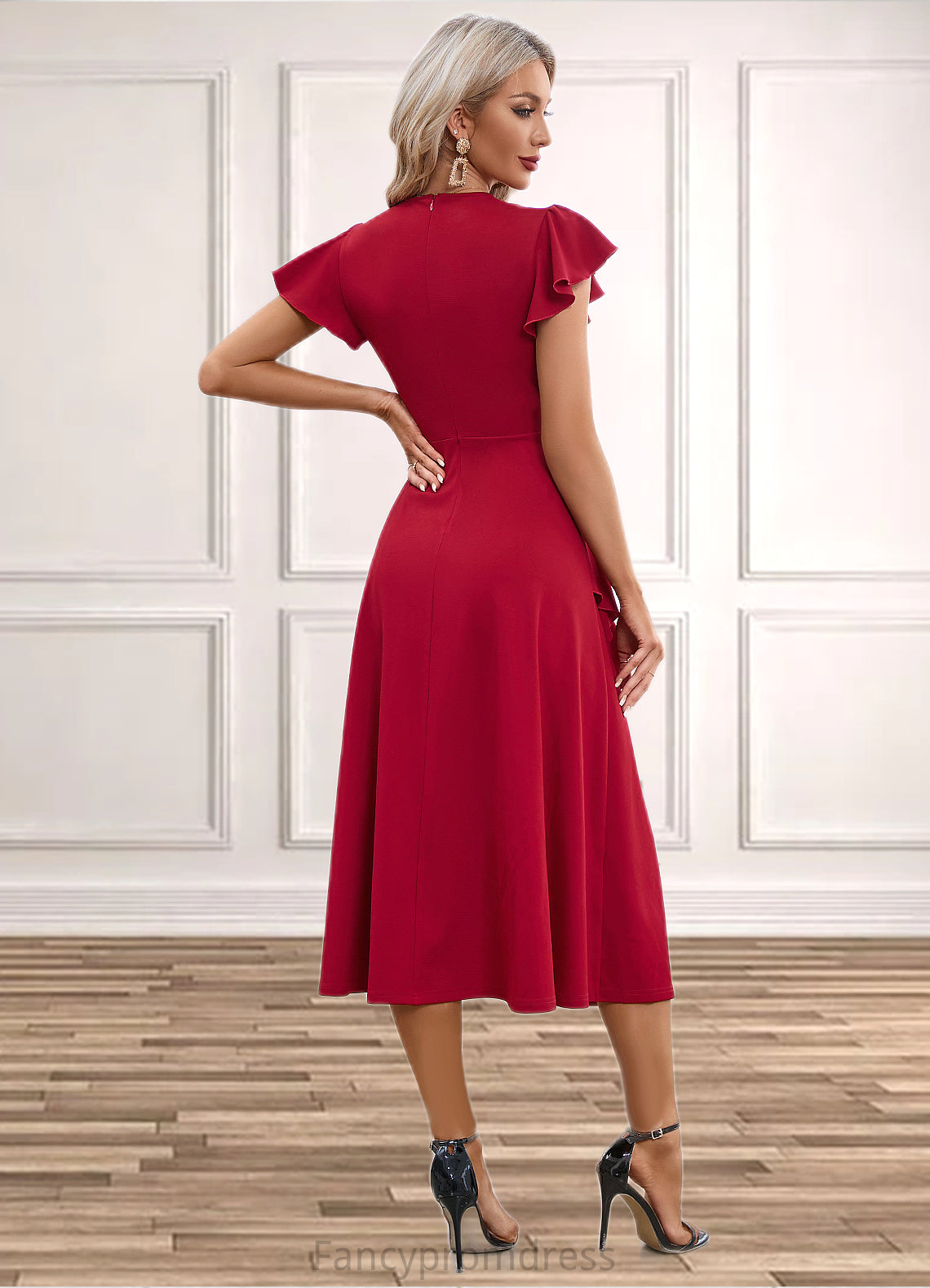 Abbie Cascading Ruffles V-Neck Elegant A-line Cotton Blends Midi Dresses DRP0022444