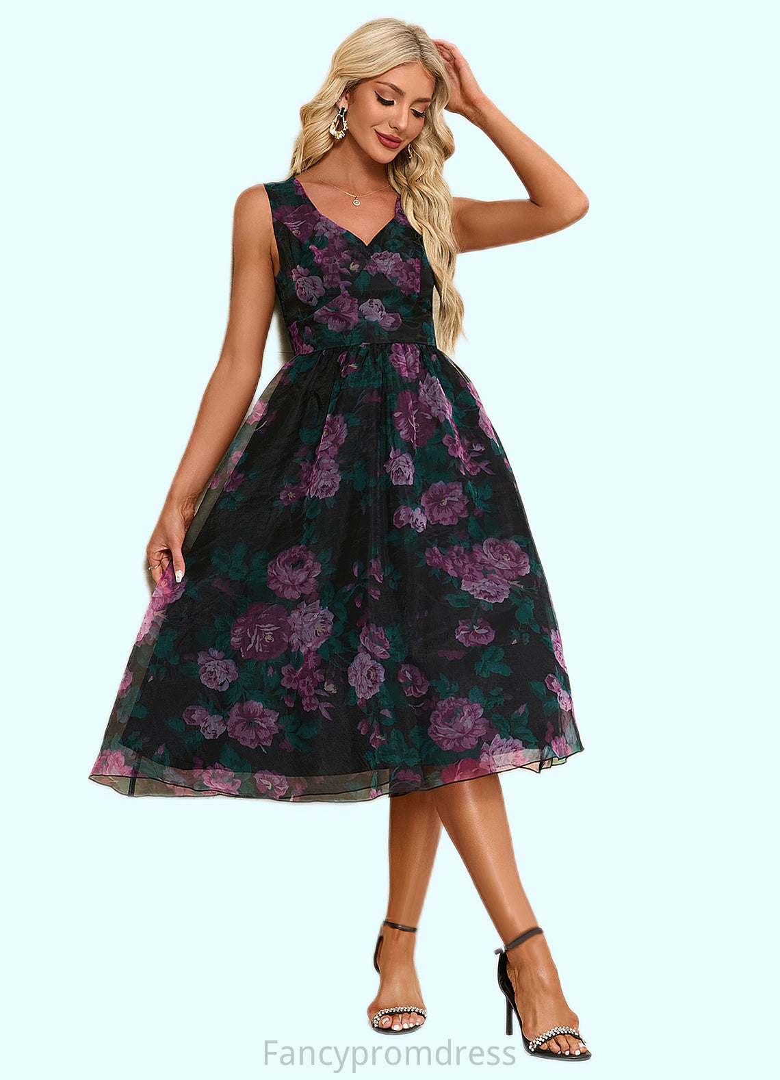 Breanna Floral Print Sweetheart Elegant A-line Organza Midi Dresses DRP0022454