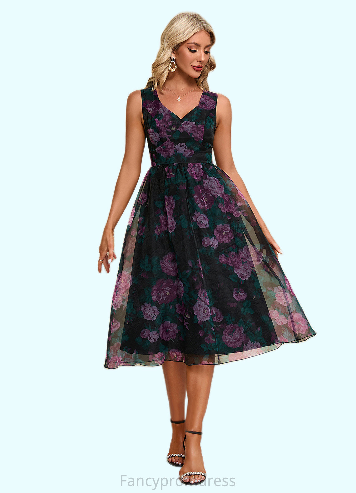 Breanna Floral Print Sweetheart Elegant A-line Organza Midi Dresses DRP0022454