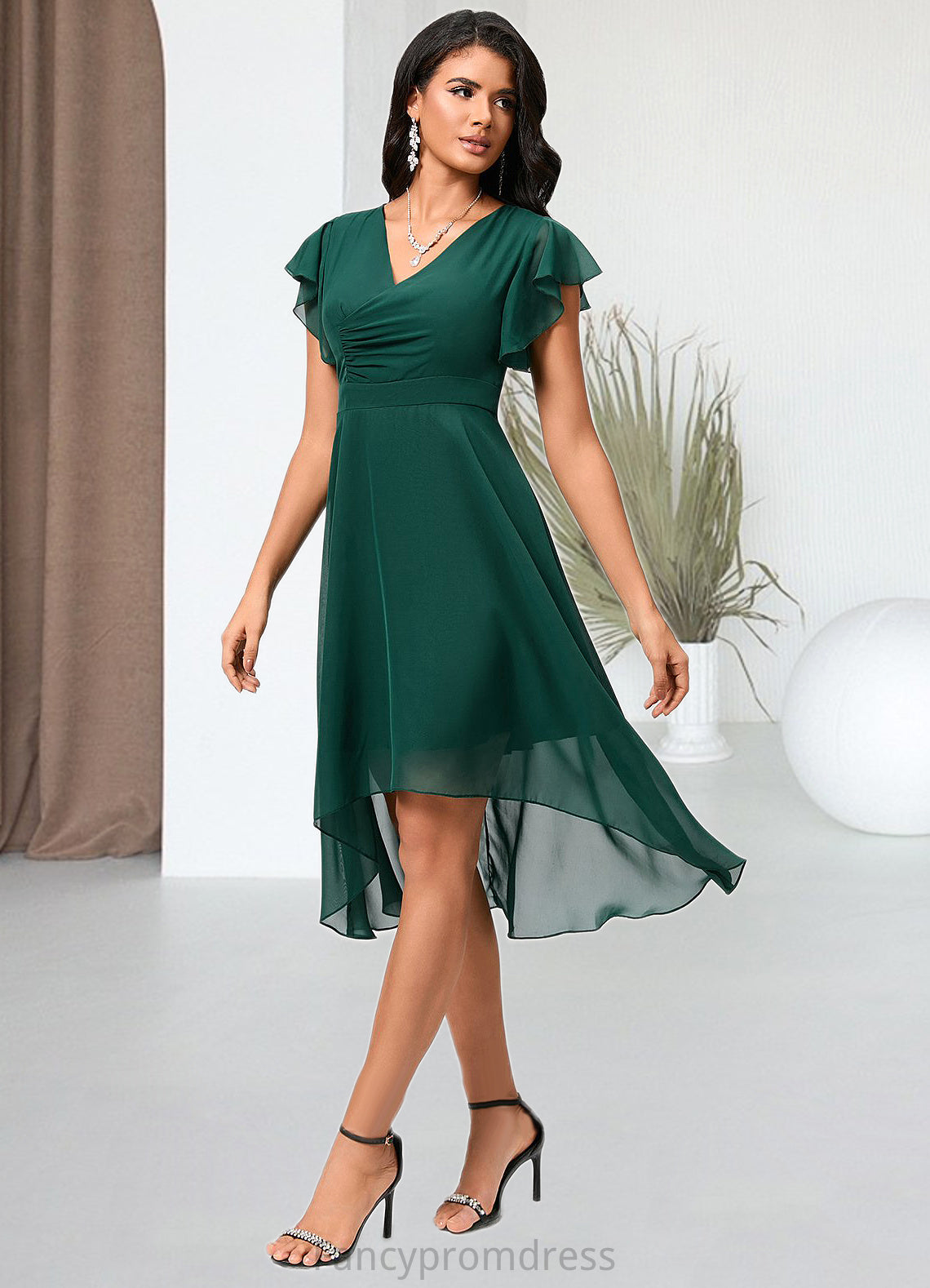 Xiomara A-line V-Neck Asymmetrical Chiffon Cocktail Dress With Ruffle DRP0022459