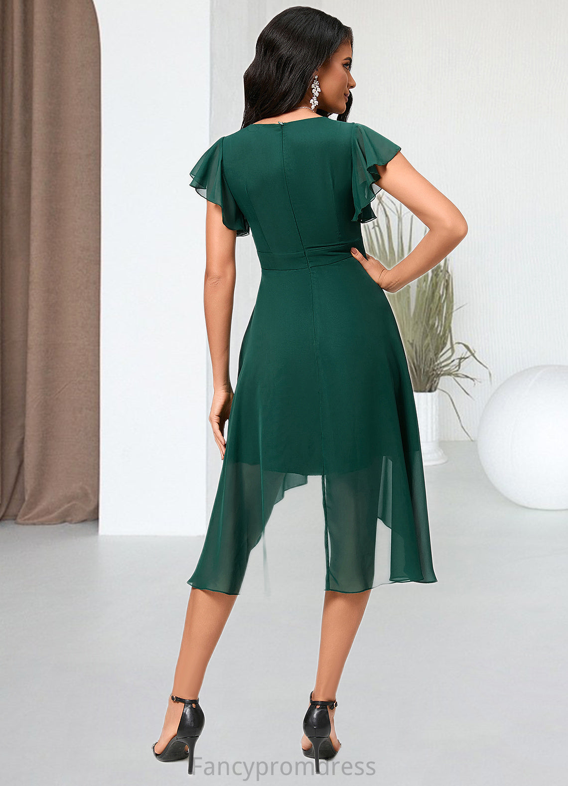 Xiomara A-line V-Neck Asymmetrical Chiffon Cocktail Dress With Ruffle DRP0022459