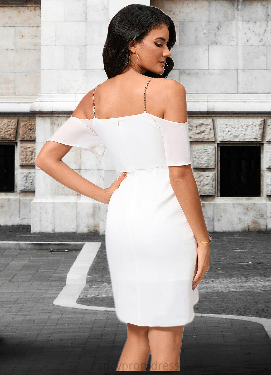 Joselyn Sheath/Column Off the Shoulder Asymmetrical Chiffon Cocktail Dress With Cascading Ruffles DRP0022460