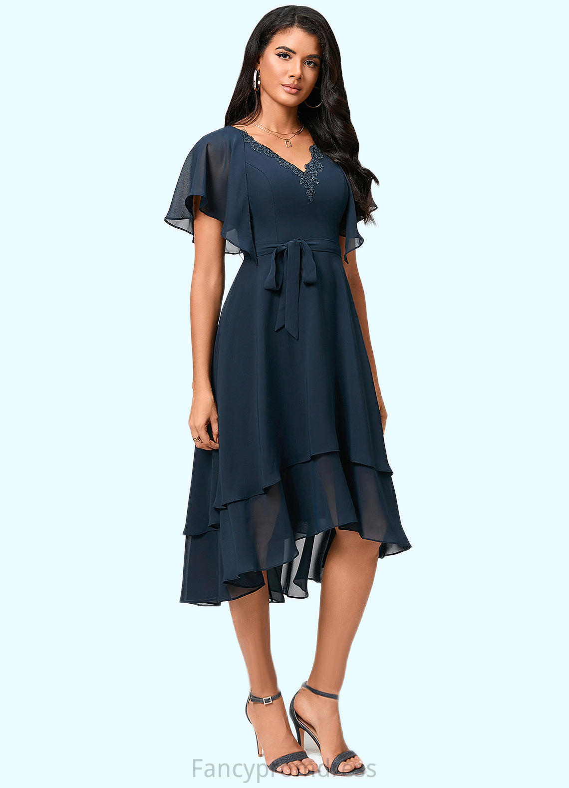 Dana A-line V-Neck Asymmetrical Chiffon Lace Cocktail Dress DRP0022461