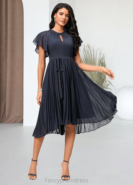 Gillian A-line Scoop Asymmetrical Chiffon Cocktail Dress With Bow Pleated DRP0022530