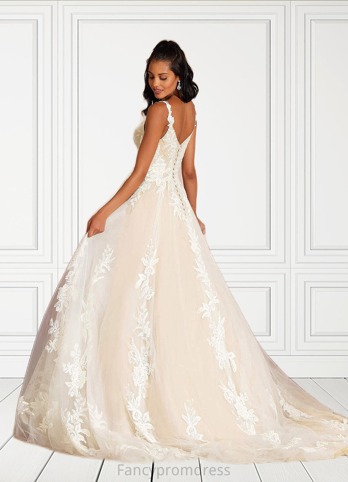 Alina A-Line V-Neck Sequins Tulle Cathedral Train Dress Diamond White/Champagne DRP0022751