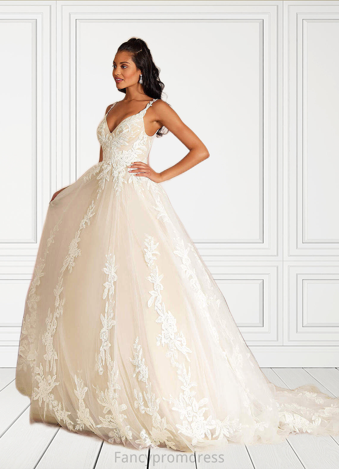 Alina A-Line V-Neck Sequins Tulle Cathedral Train Dress Diamond White/Champagne DRP0022751