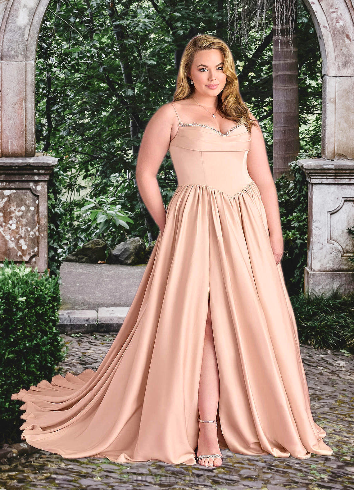 Paris Beaded Sweetheart Cowl Dropwaist Stretch Satin Ball Gown English Rose DRP0022753