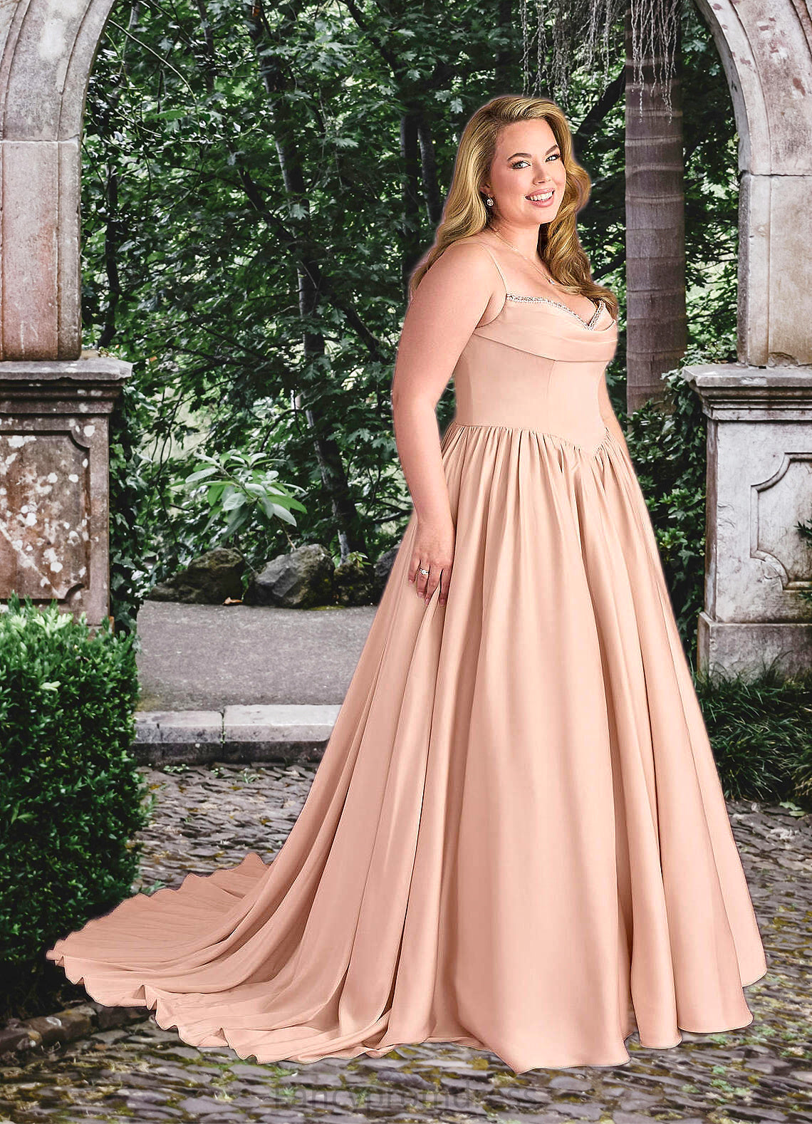 Paris Beaded Sweetheart Cowl Dropwaist Stretch Satin Ball Gown English Rose DRP0022753