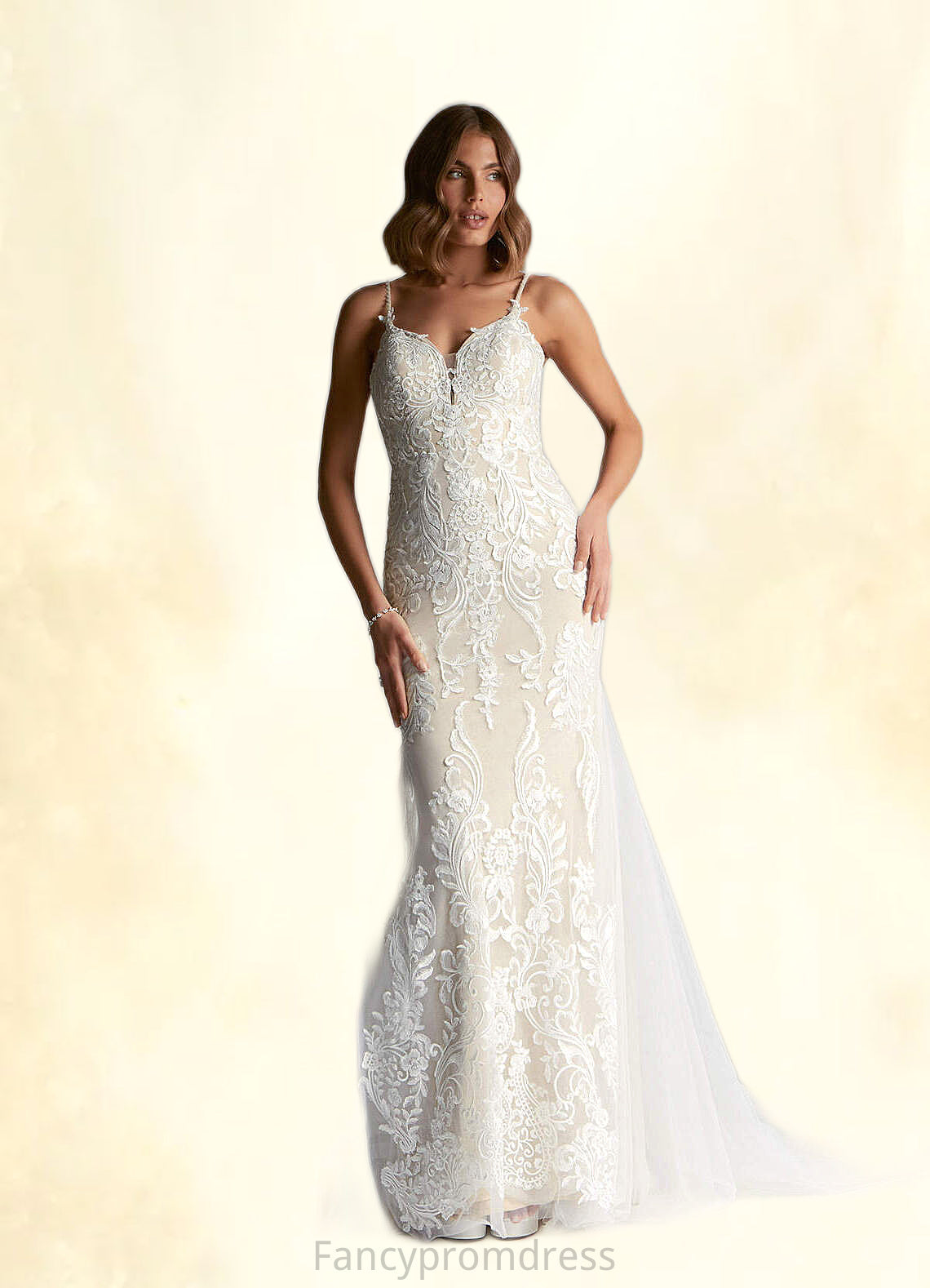 Sherry Mermaid V-Neck Sequins Tulle Cathedral Train Dress Diamond White/Champagne DRP0022760