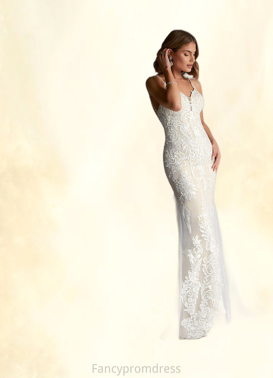 Sherry Mermaid V-Neck Sequins Tulle Cathedral Train Dress Diamond White/Champagne DRP0022760