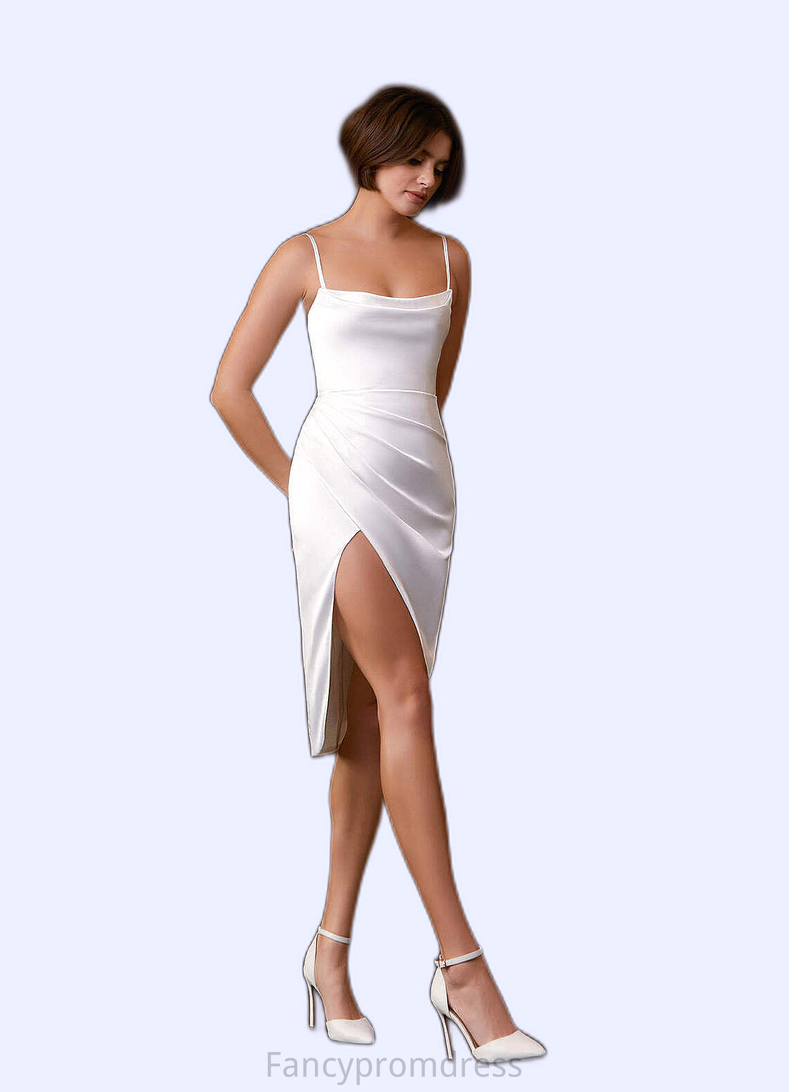 Gwendoline Sheath Cowl Neckline Pleated Stretch Satin Knee-Length Dress Diamond White DRP0022762