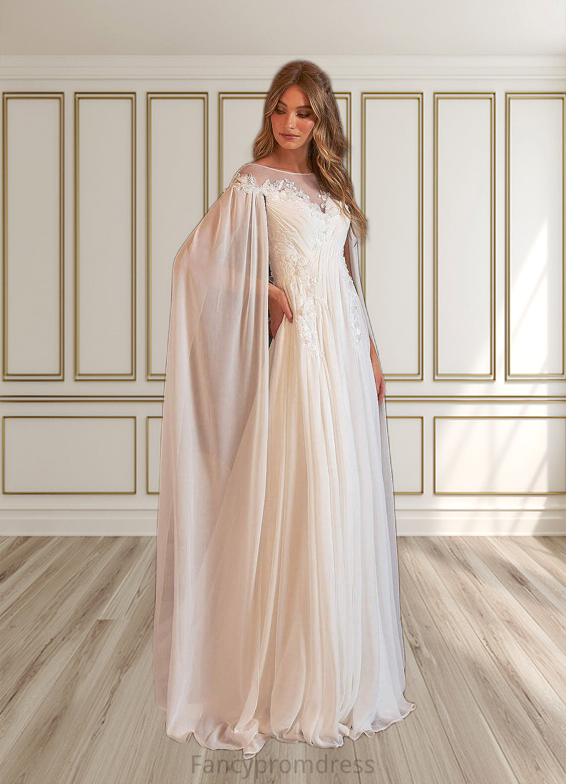 Angelica A-Line Scoop Chiffon Chapel Train Dress Diamond White DRP0022763