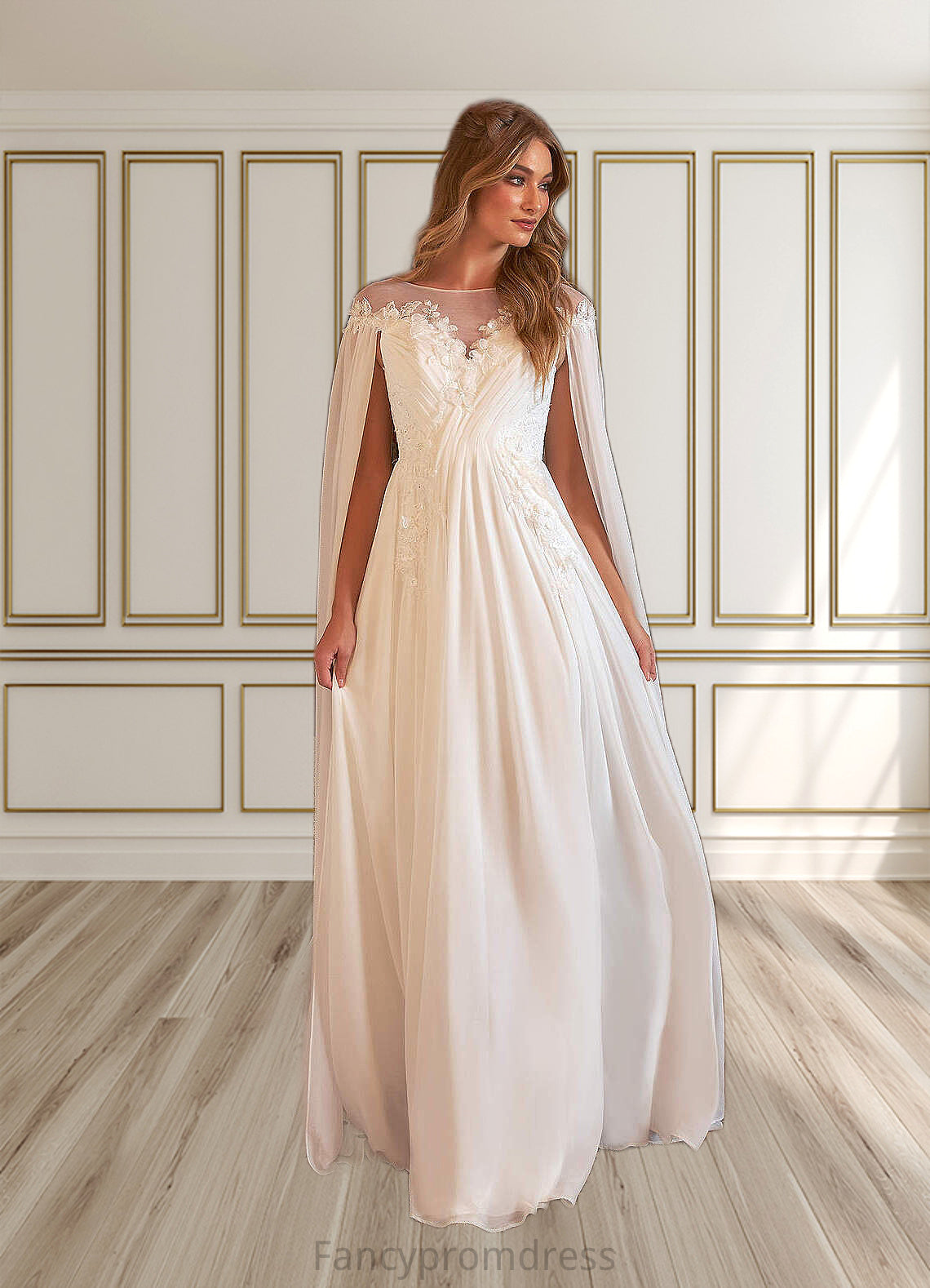 Angelica A-Line Scoop Chiffon Chapel Train Dress Diamond White DRP0022763