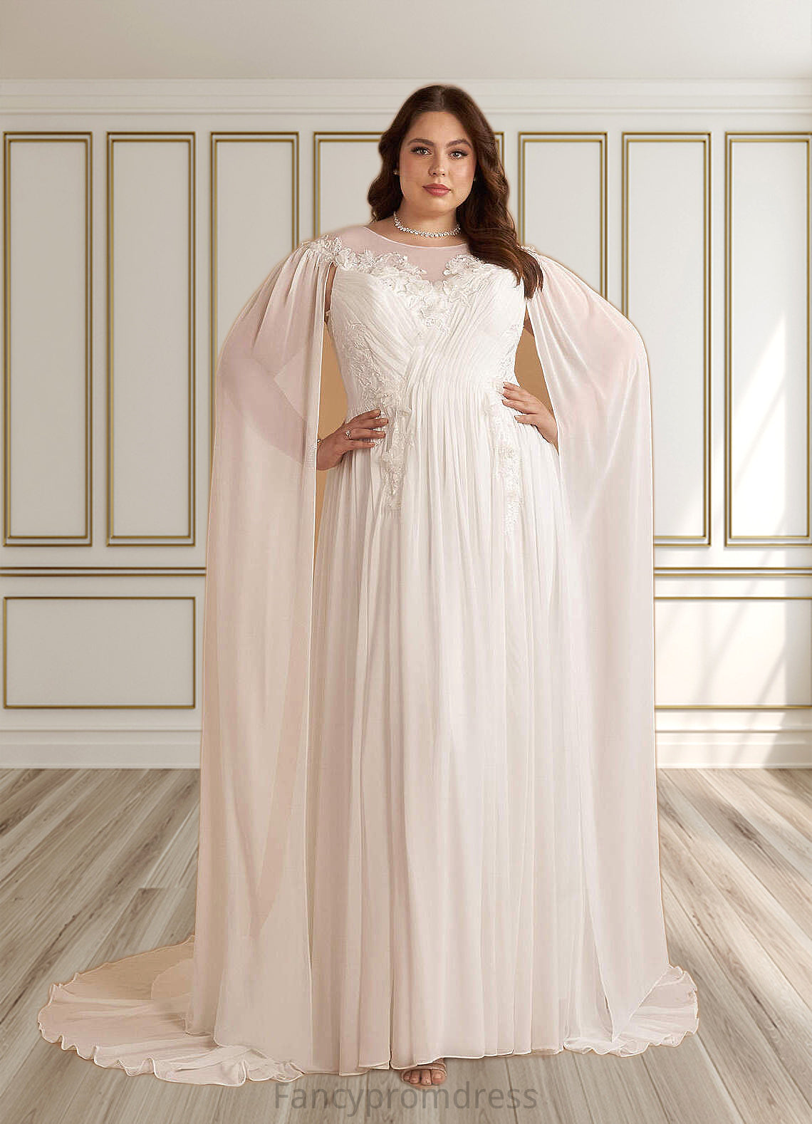 Angelica A-Line Scoop Chiffon Chapel Train Dress Diamond White DRP0022763