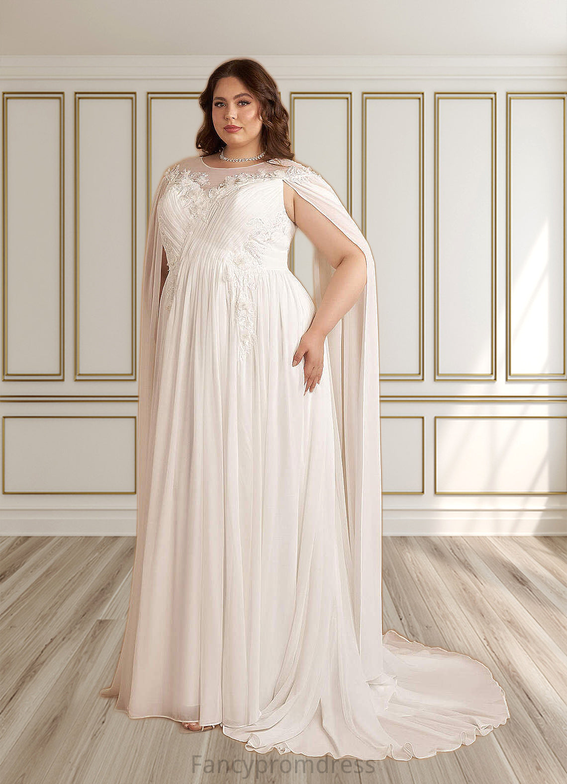 Angelica A-Line Scoop Chiffon Chapel Train Dress Diamond White DRP0022763