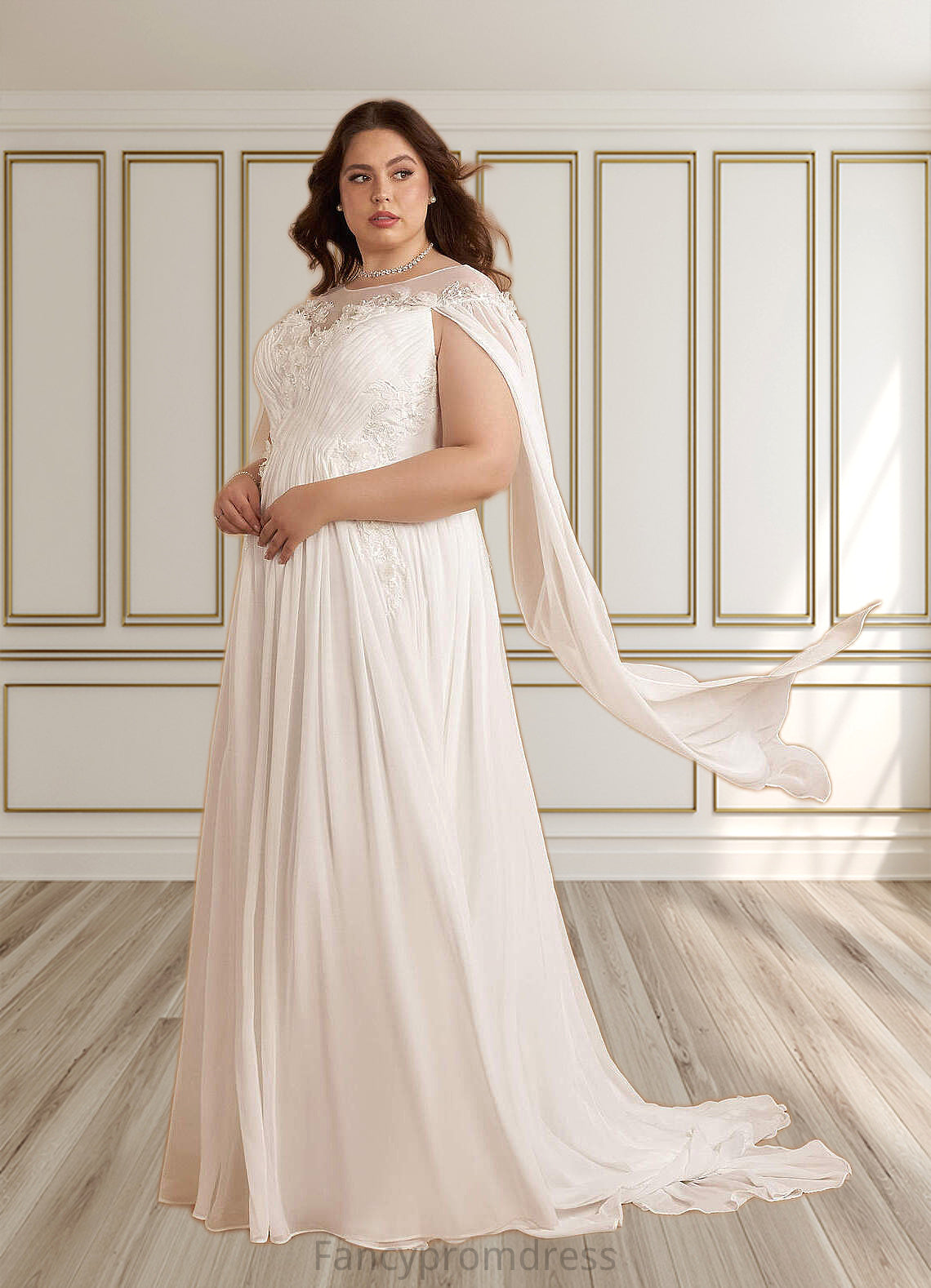 Angelica A-Line Scoop Chiffon Chapel Train Dress Diamond White DRP0022763