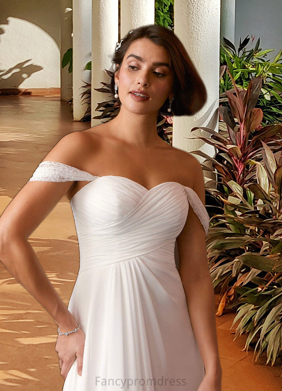 Micah A-Line Off the Shoulder Chiffon Floor-Length Dress Diamond White DRP0022768