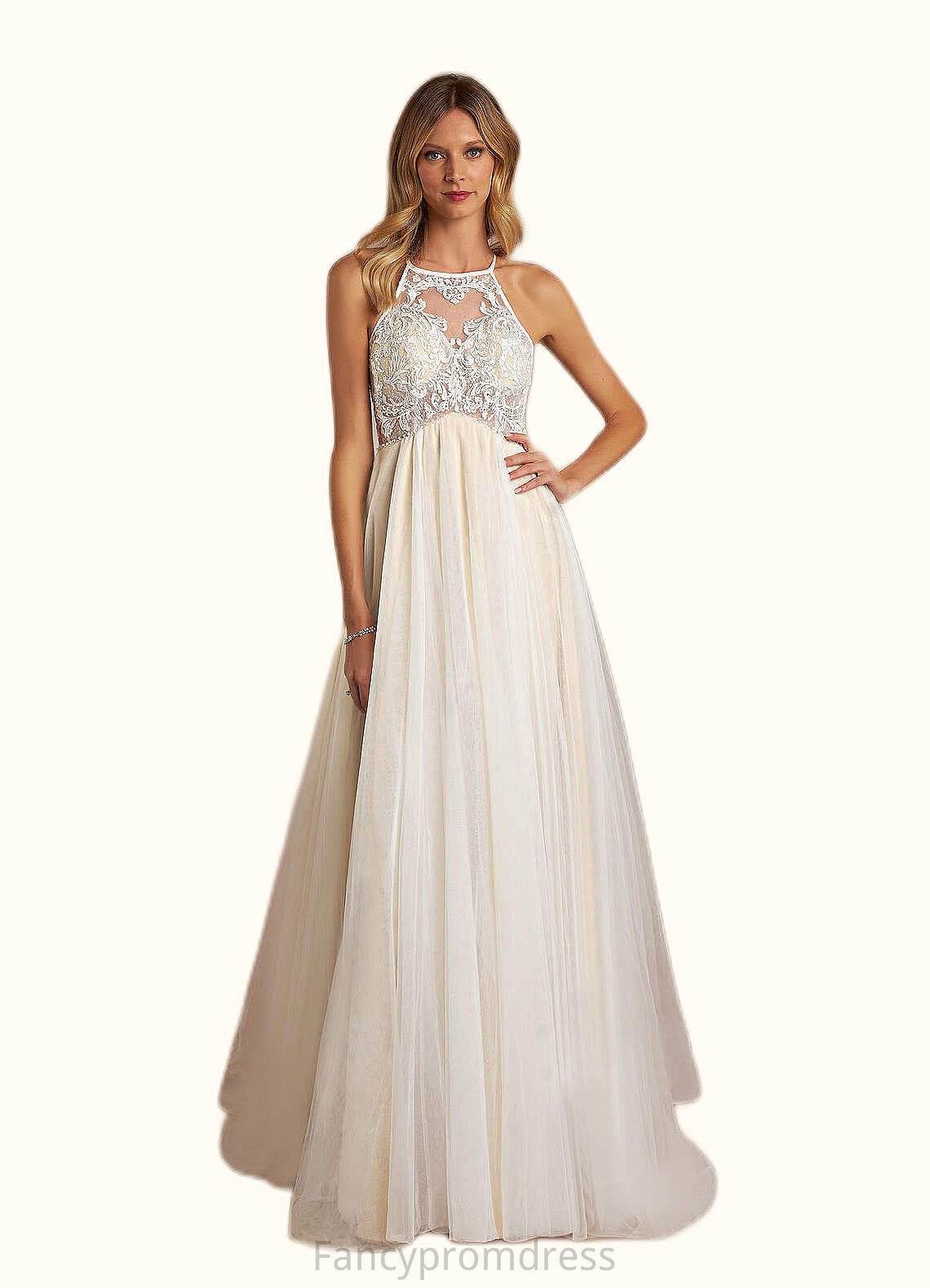 Sophie A-Line Halter Sequins Tulle Chapel Train Dress Diamond White/Champagne DRP0022773