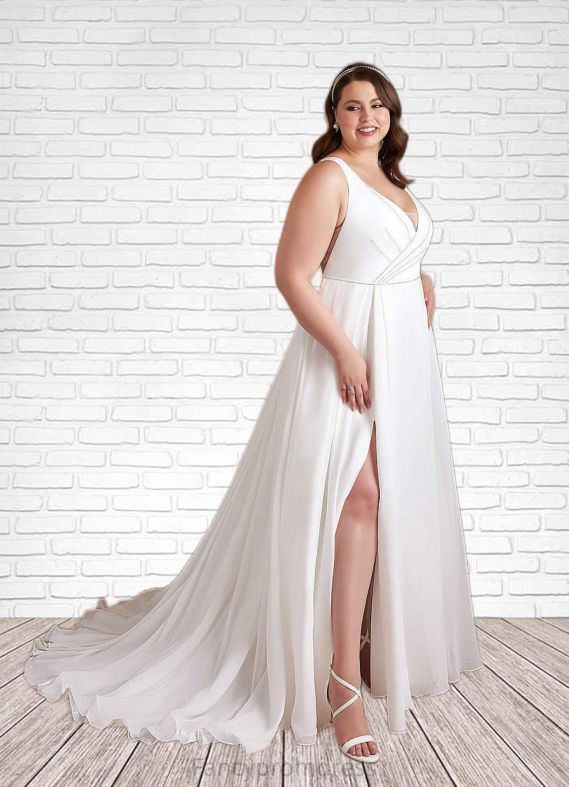 Adelaide A-Line Pleated Chiffon Chapel Train Dress Diamond White DRP0022786