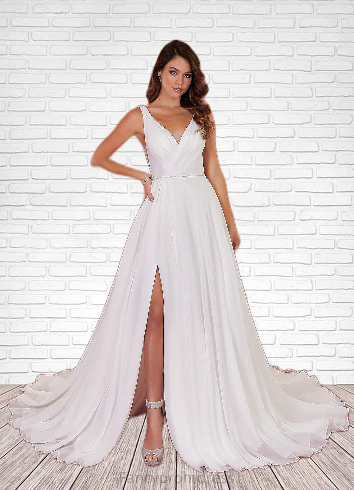 Adelaide A-Line Pleated Chiffon Chapel Train Dress Diamond White DRP0022786