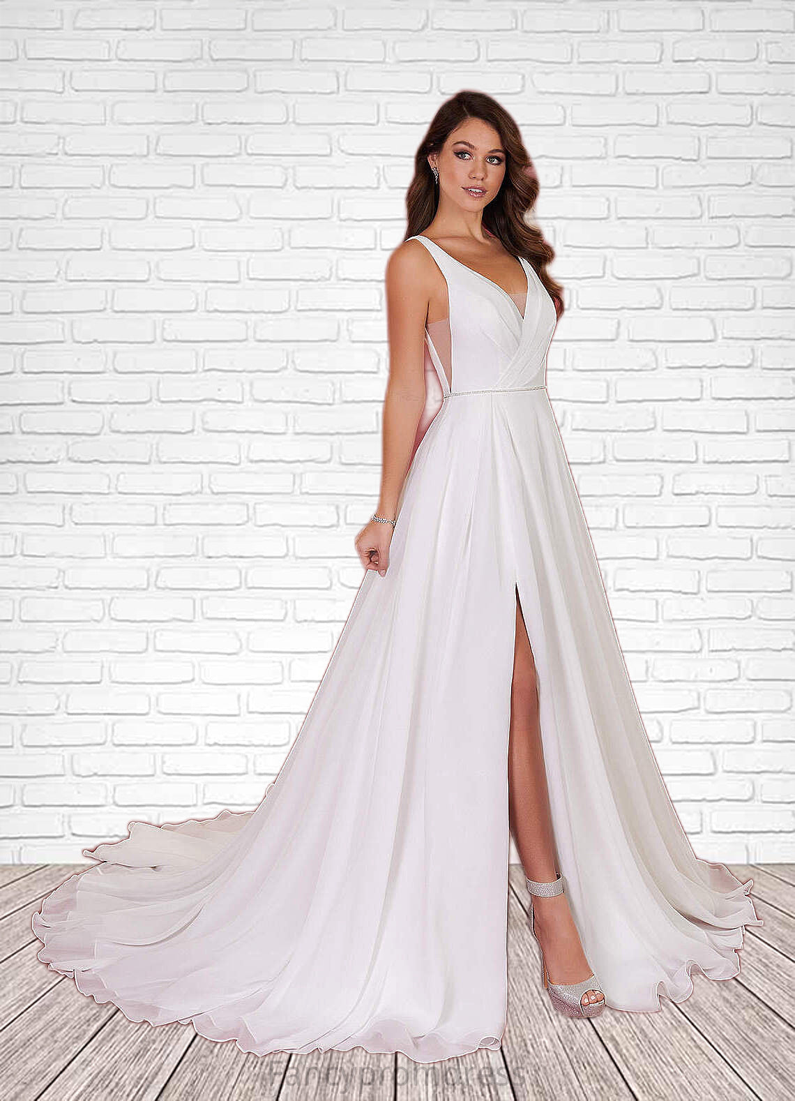 Adelaide A-Line Pleated Chiffon Chapel Train Dress Diamond White DRP0022786