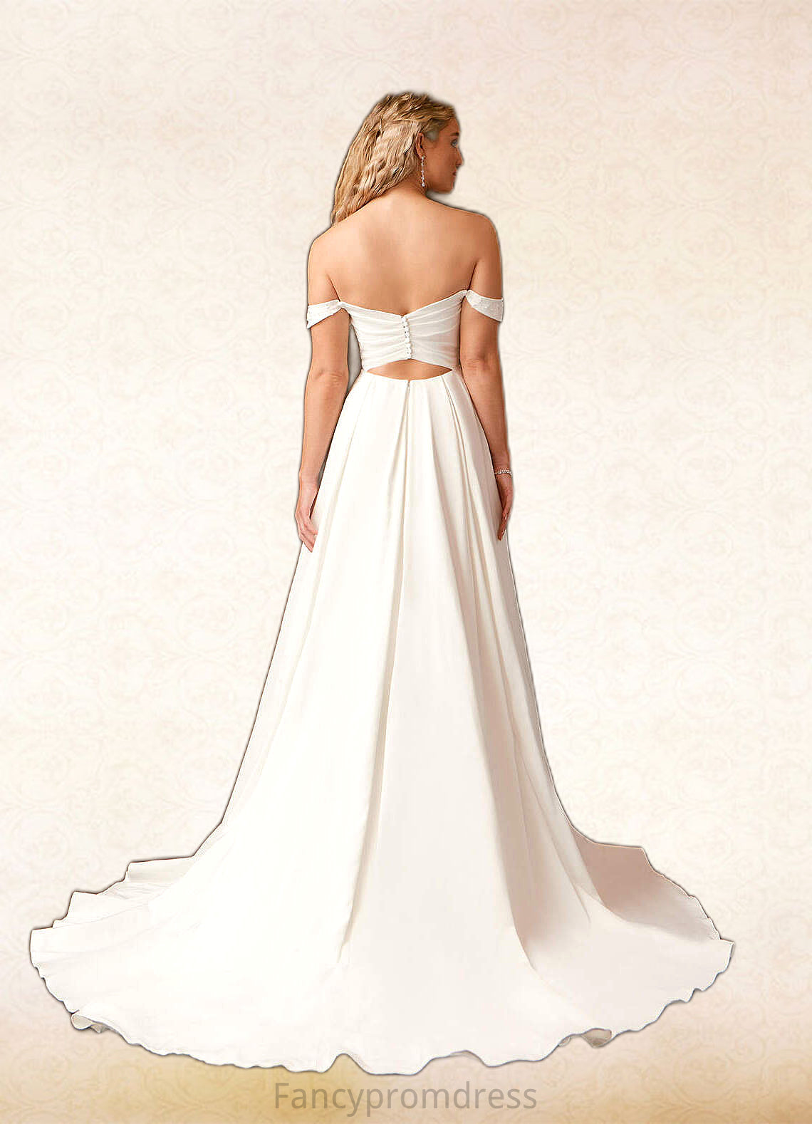 Sylvia A-Line Off the Shoulder Crepe Back Satin Chapel Train Dress Diamond White DRP0022787