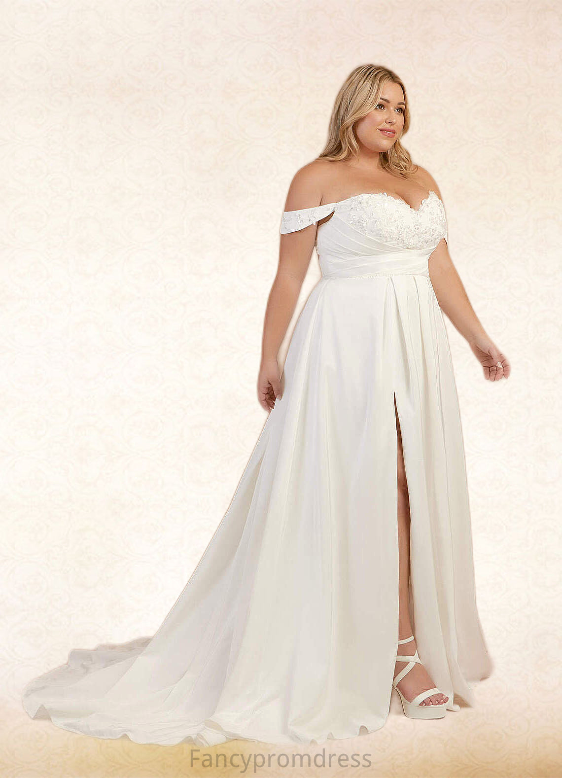 Sylvia A-Line Off the Shoulder Crepe Back Satin Chapel Train Dress Diamond White DRP0022787