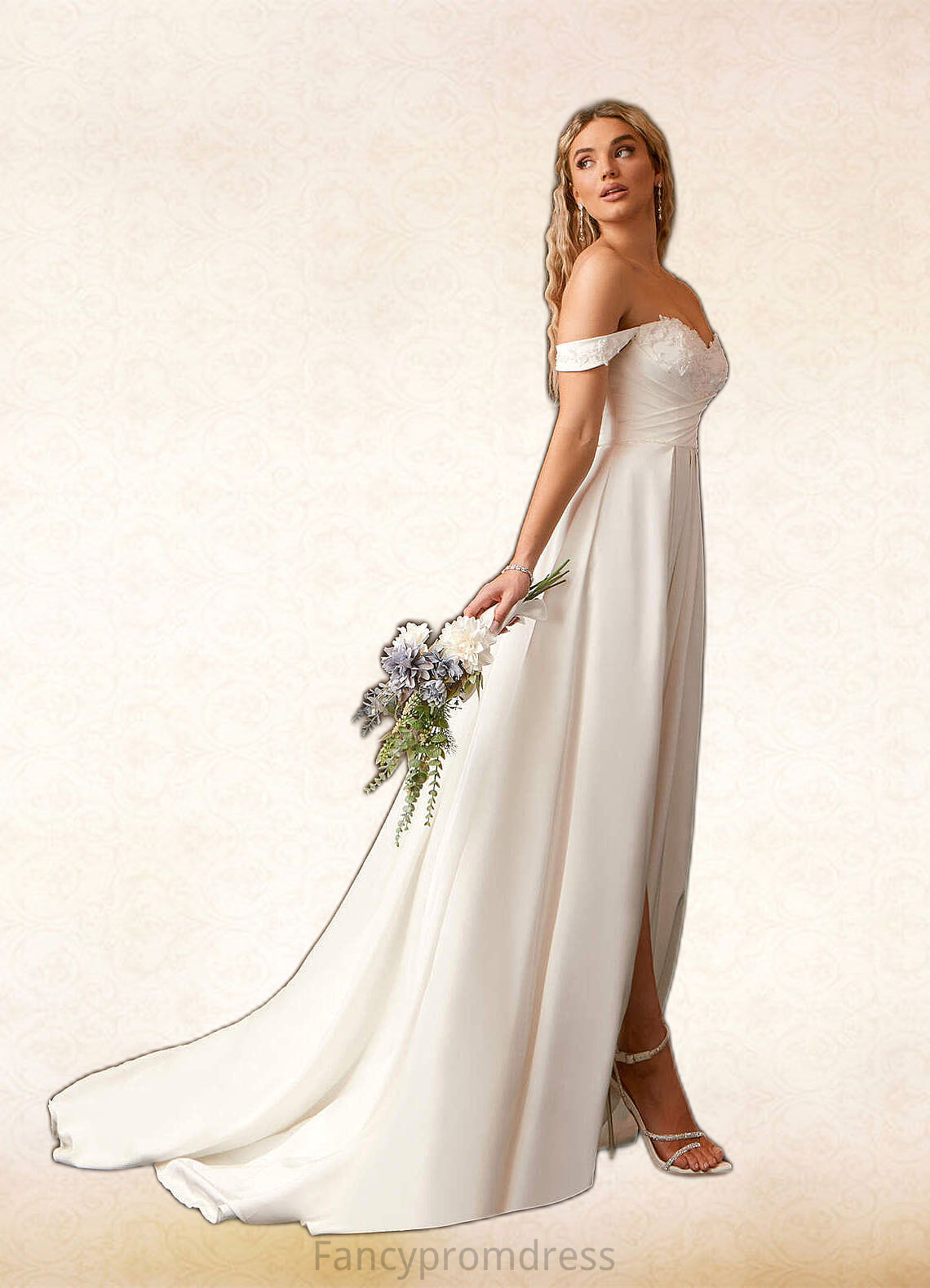 Sylvia A-Line Off the Shoulder Crepe Back Satin Chapel Train Dress Diamond White DRP0022787