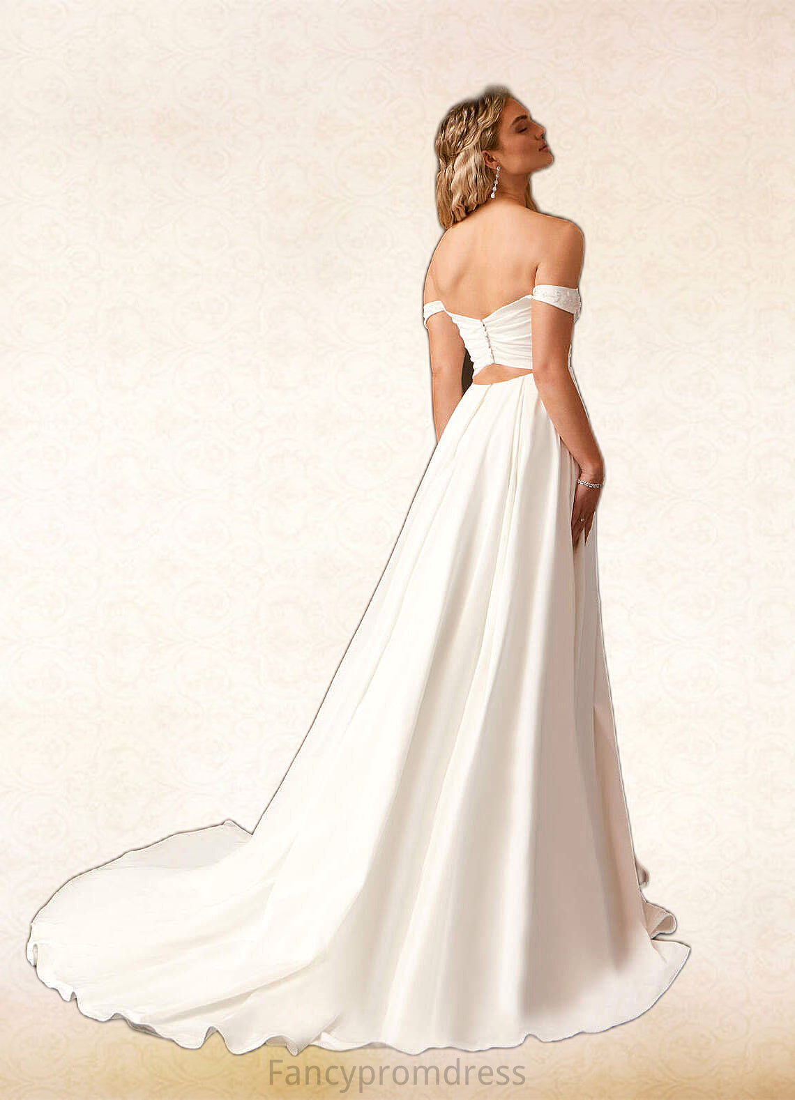 Sylvia A-Line Off the Shoulder Crepe Back Satin Chapel Train Dress Diamond White DRP0022787