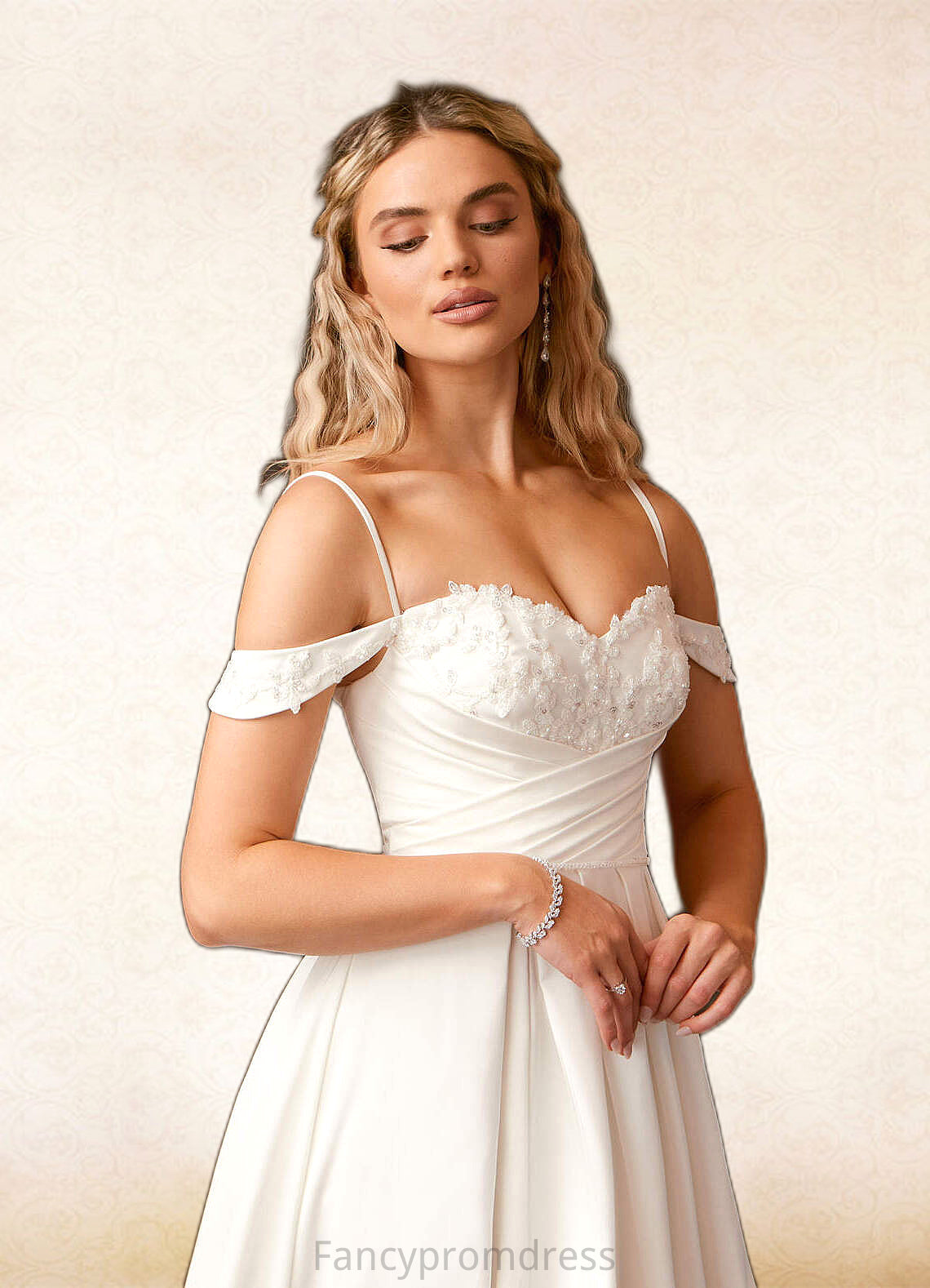 Sylvia A-Line Off the Shoulder Crepe Back Satin Chapel Train Dress Diamond White DRP0022787