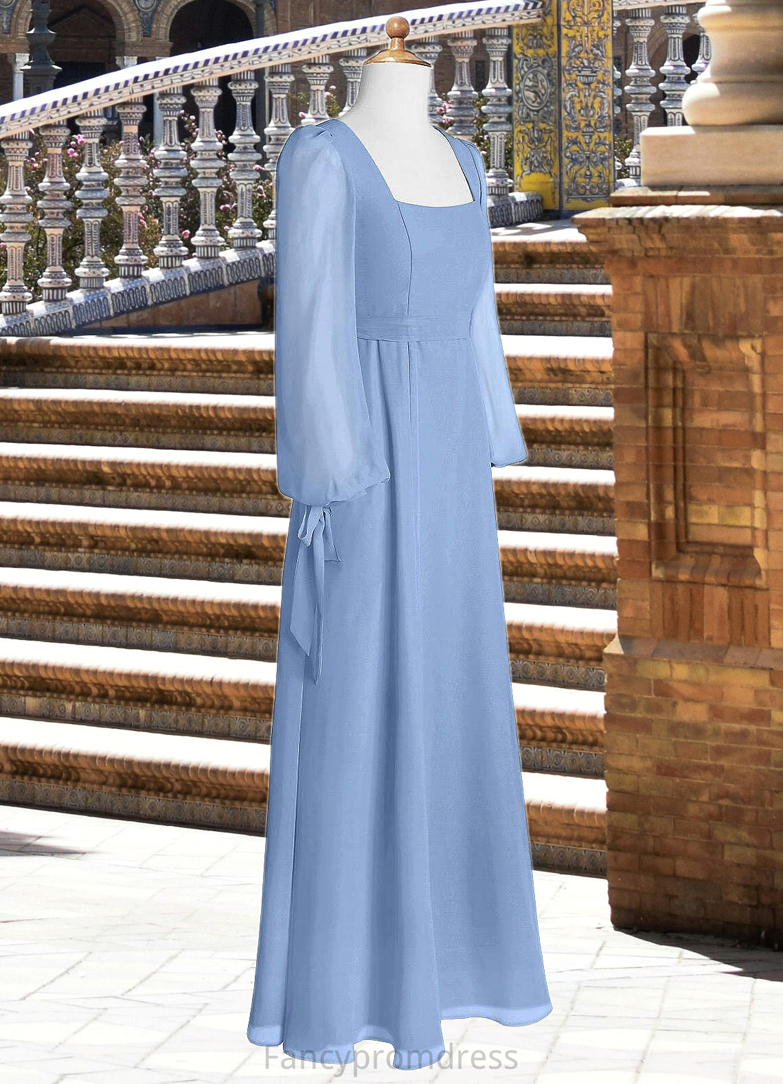 Stephany A-Line Chiffon Floor-Length Junior Bridesmaid Dress with Pockets Steel Blue DRP0022867