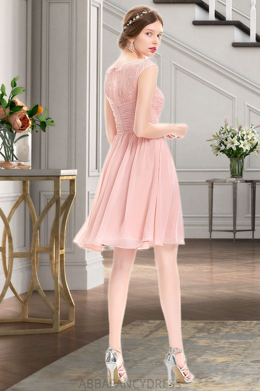 Eliza A-line Scoop Knee-Length Chiffon Tulle Homecoming Dress With Beading Ruffle DRP0020594