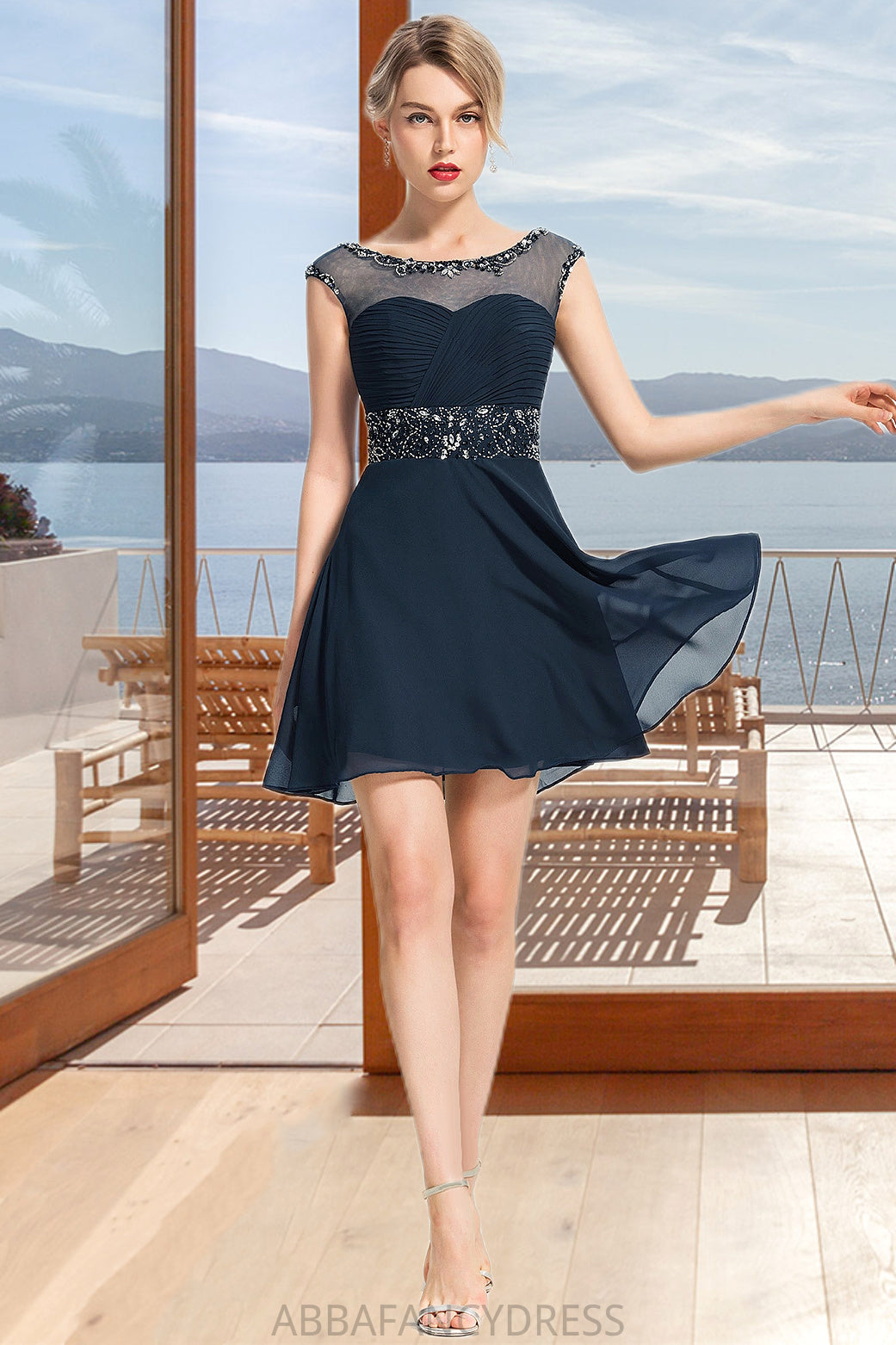 Ariana A-line Scoop Short/Mini Chiffon Homecoming Dress With Beading Sequins DRP0020586